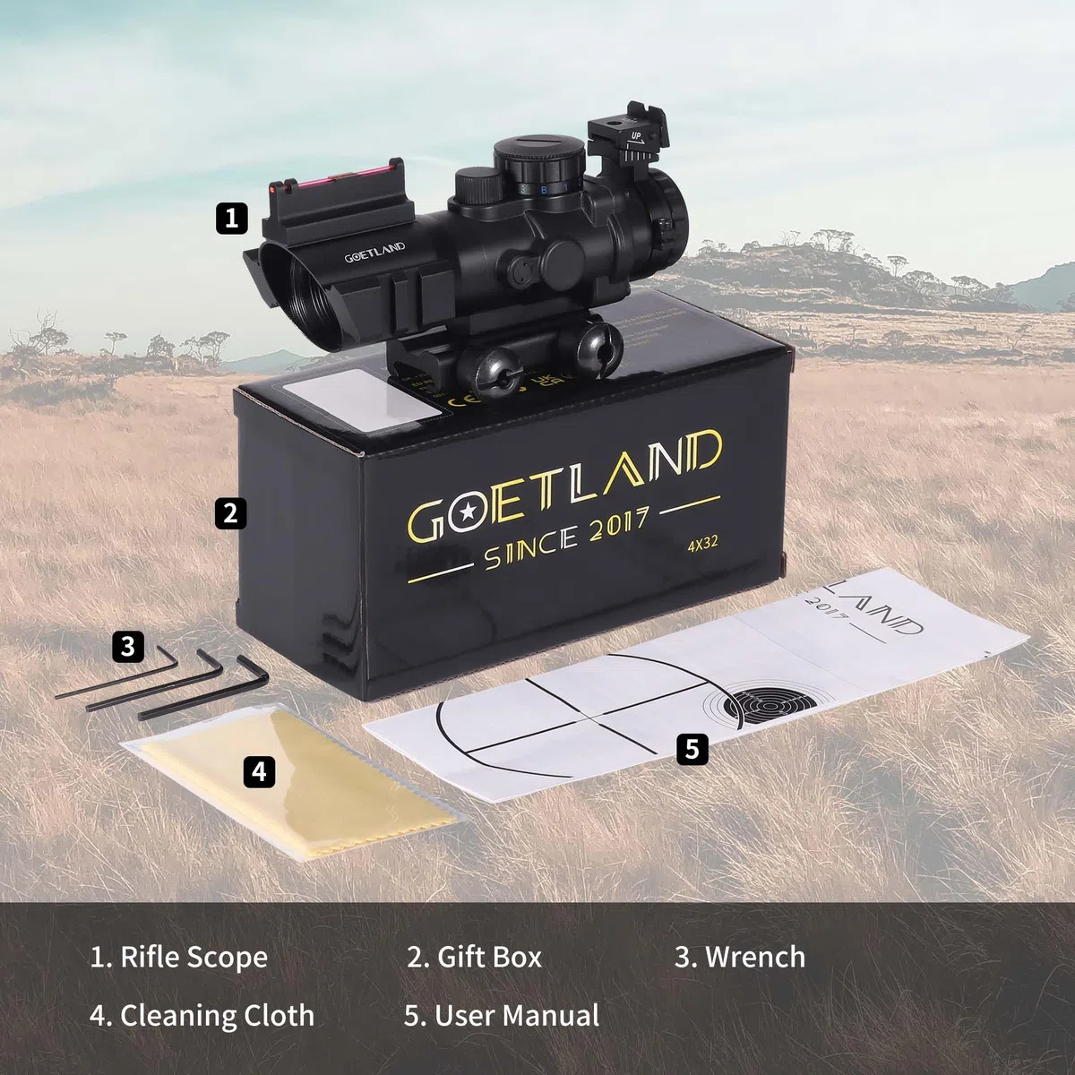 Goetland Gewehr Zielfernrohr 4x32 Airsoft Red Dot Visier Sight mit Montage Ringe BDC SFP für Taktische Jagd Armbrust Luftgewehr Sportschützen