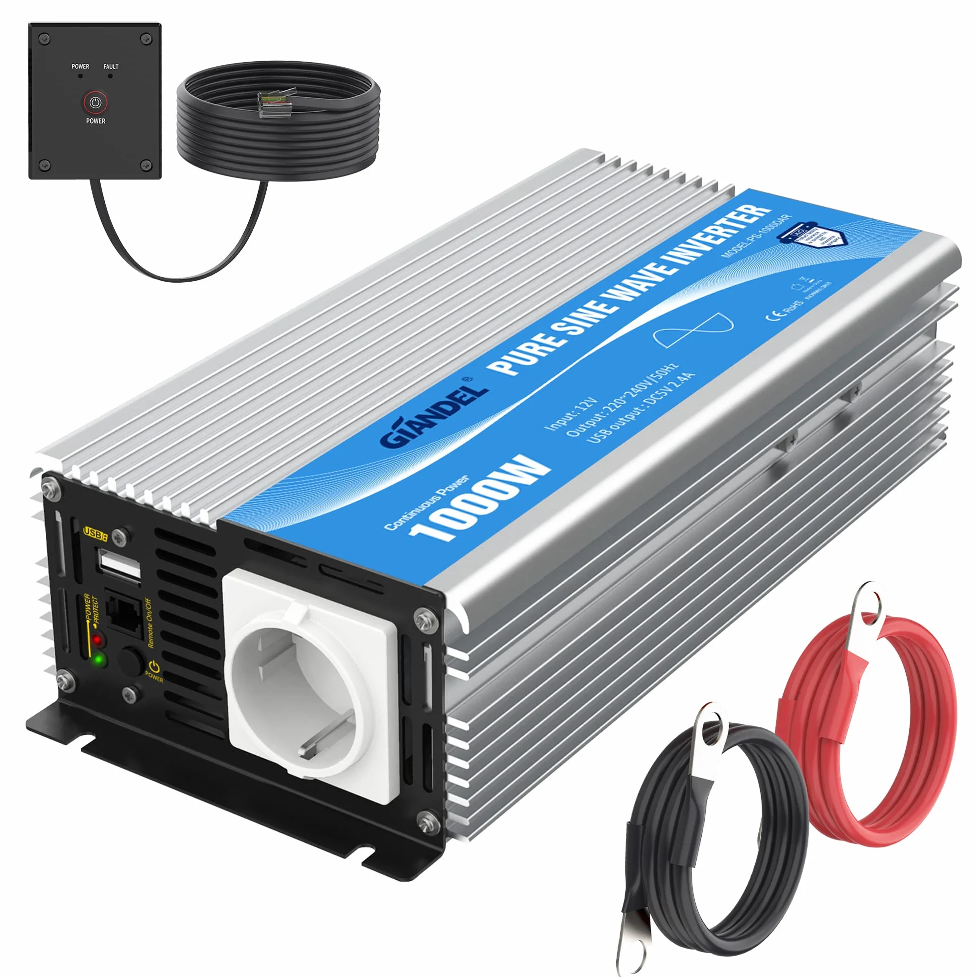 GIANDEL 1000W KFZ Wechselrichter 12V auf 230V Reiner Sinus Spannungswandler Umwandler-Inverter Konverter mit Fernbedienung EU-Steckdose & 2.4A USB-Anschluss