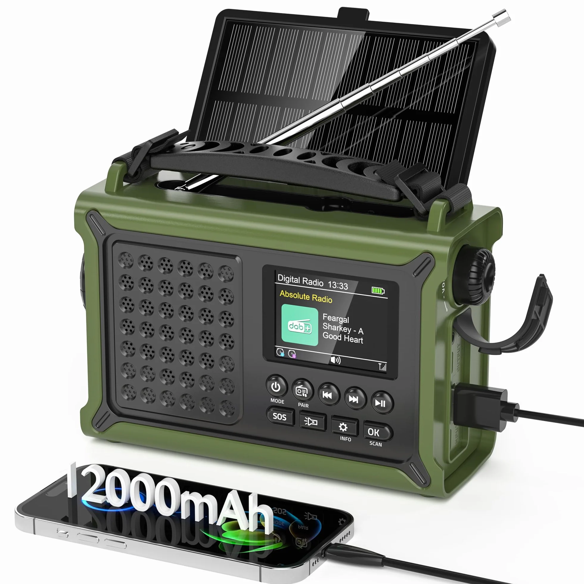 Kurbelradio DAB/DAB+/UKW mit 12000mAh Akku, Notfallradio mit 8500mm² Solarpanel, Handkurbel Blackout Notfallausrüstung, Digital Radio mit Bluetooth 5.0, Taschenlampe & Leselicht für Outdoor, Camping
