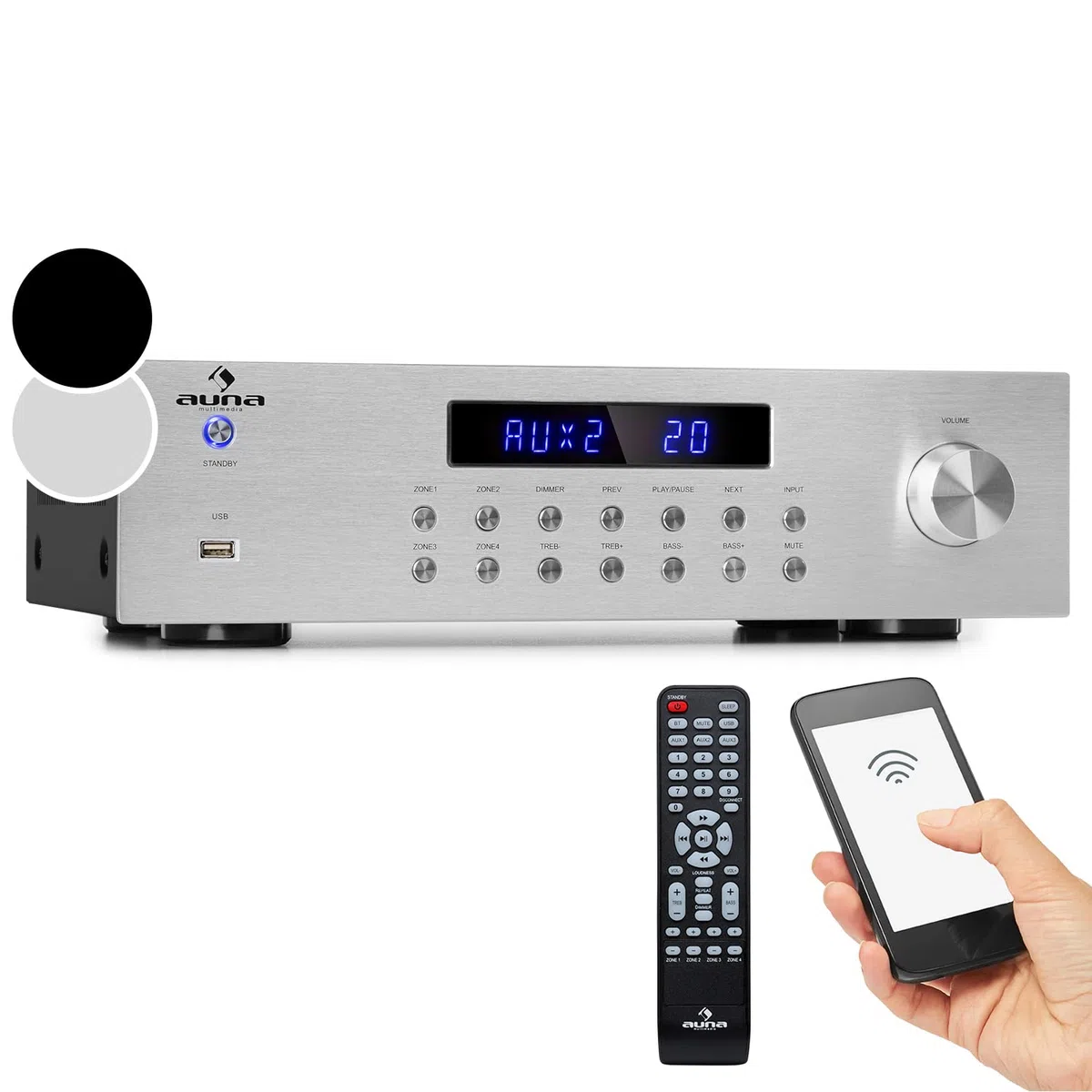 Auna HiFi Stereo Mini Verstärker 4 Kanal Audio-Verstärker mit Bass & Treble Regler Fernbedienung AUX