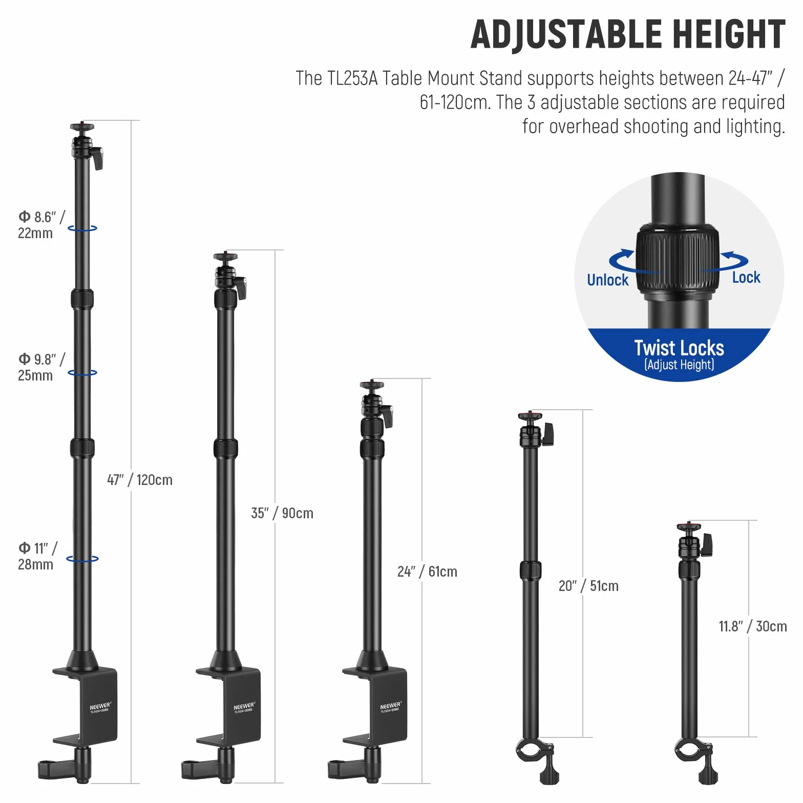 NEEWER Tisch Kamerastativ mit 2 Teleskopauslegern, Telefonhalter, Kugelköpfe, Schraubadapter, Tischleuchtenstativ für Kamera, Handy, Webcam, Ringlicht, TL253A+DS001