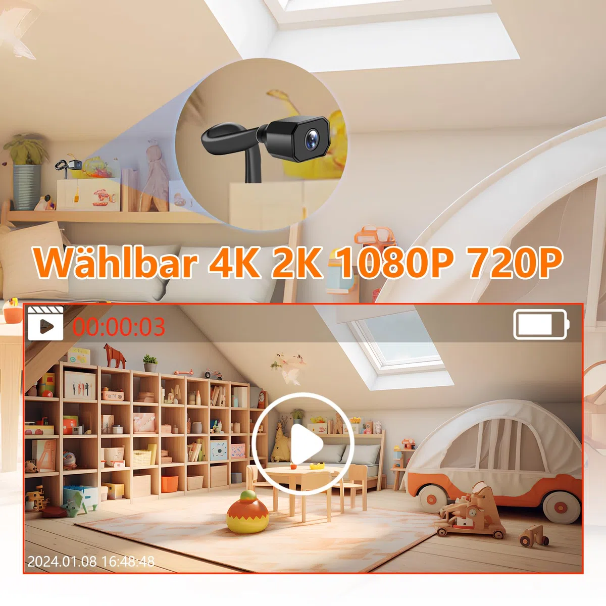 Mini HD Kamera WLAN, 4K UHD Kleine Kmera USB, Plug and Play Mini Bodycam WiFi mit Nachtsicht und Bewegungserkennungswarnung
