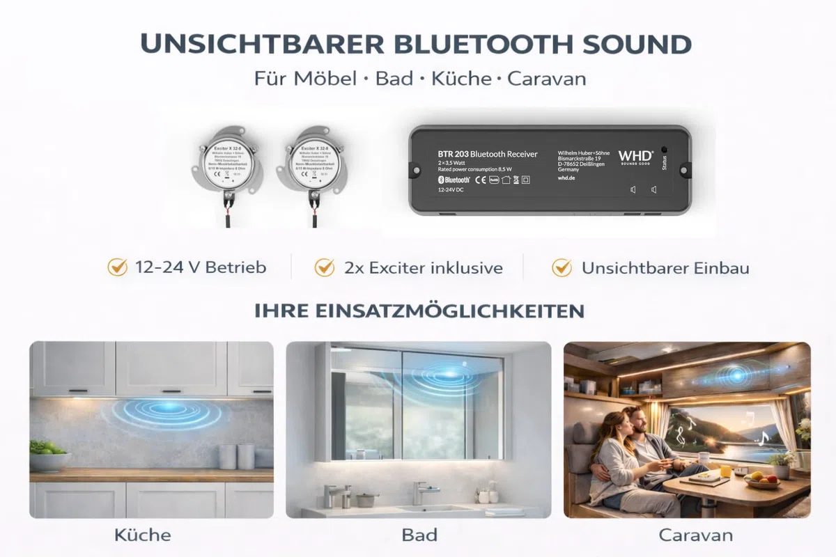 WHD Unsichtbare Bluetooth Lautsprecher Einbau für Möbel, Bad, Küche & Wohnmobil | Verstecktes Soundsystem BTR203 Exciter Set
