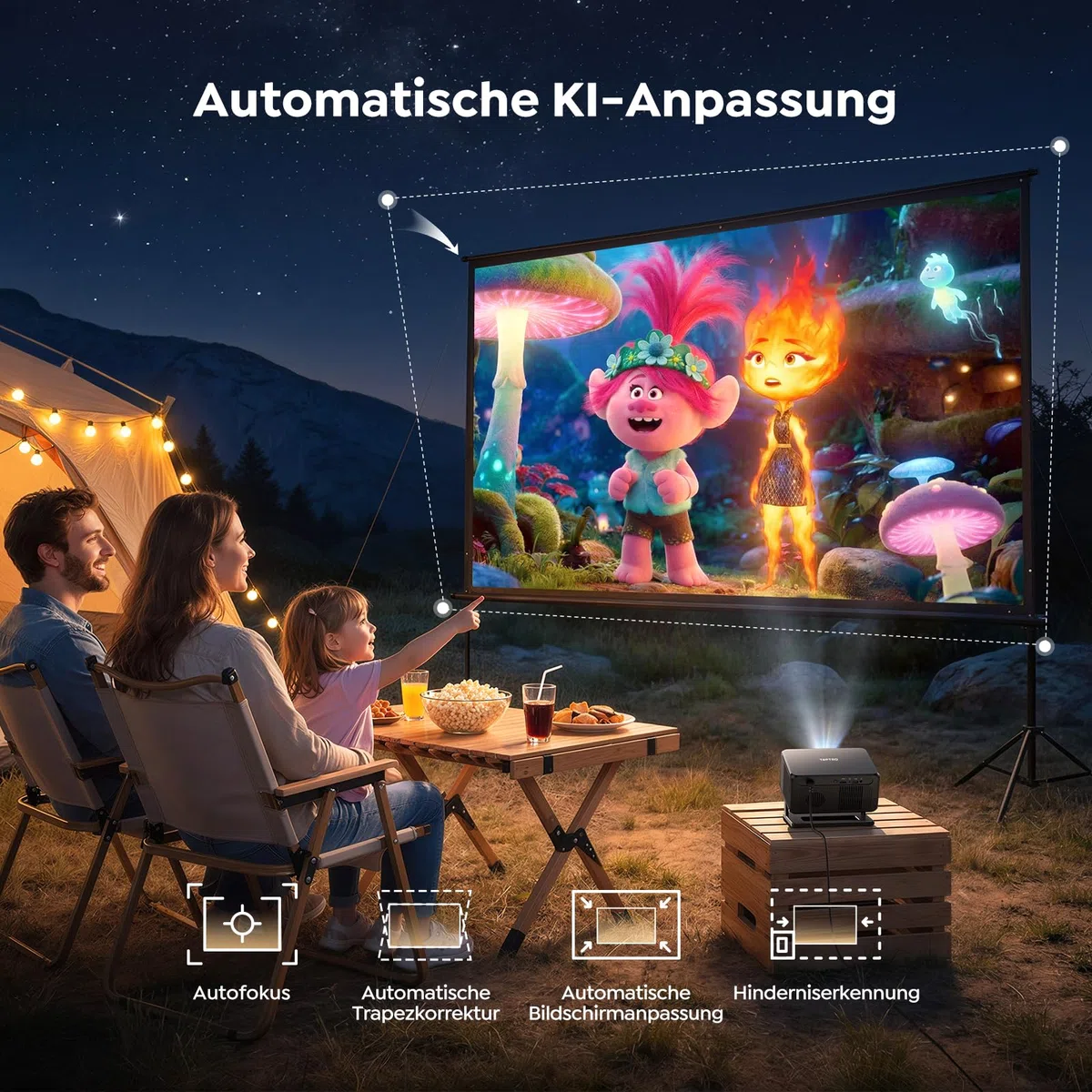 Google TV Beamer 4K Smart Heimkino 1080P FHD Autofokus Trapezkorrektur WiFi Bluetooth Tragbarer Projektor Drehständer