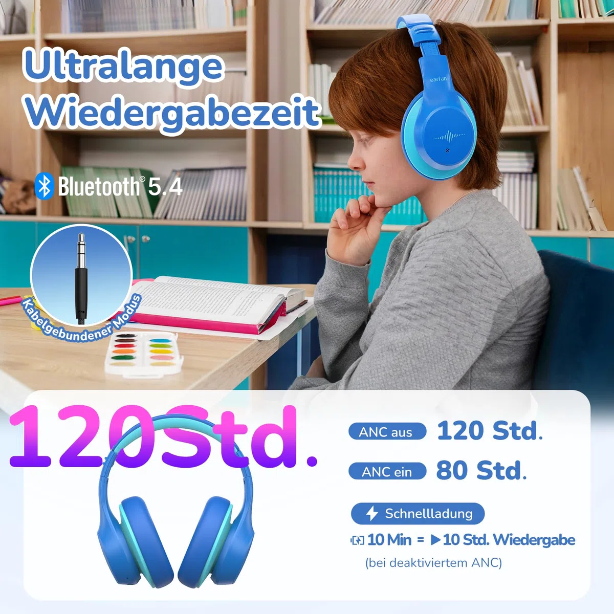 EarFun Bluetooth Kinder Kopfhörer, Noise Cancelling Kopfhörer Kinder, 74/85/94 dBA Sichere Lautstärke, 120H Akku, HD MIC, Bluetooth 5.4, Weich, Faltbar, Over Ear Kopfhörer für Schule/Reisen/Flugzeug