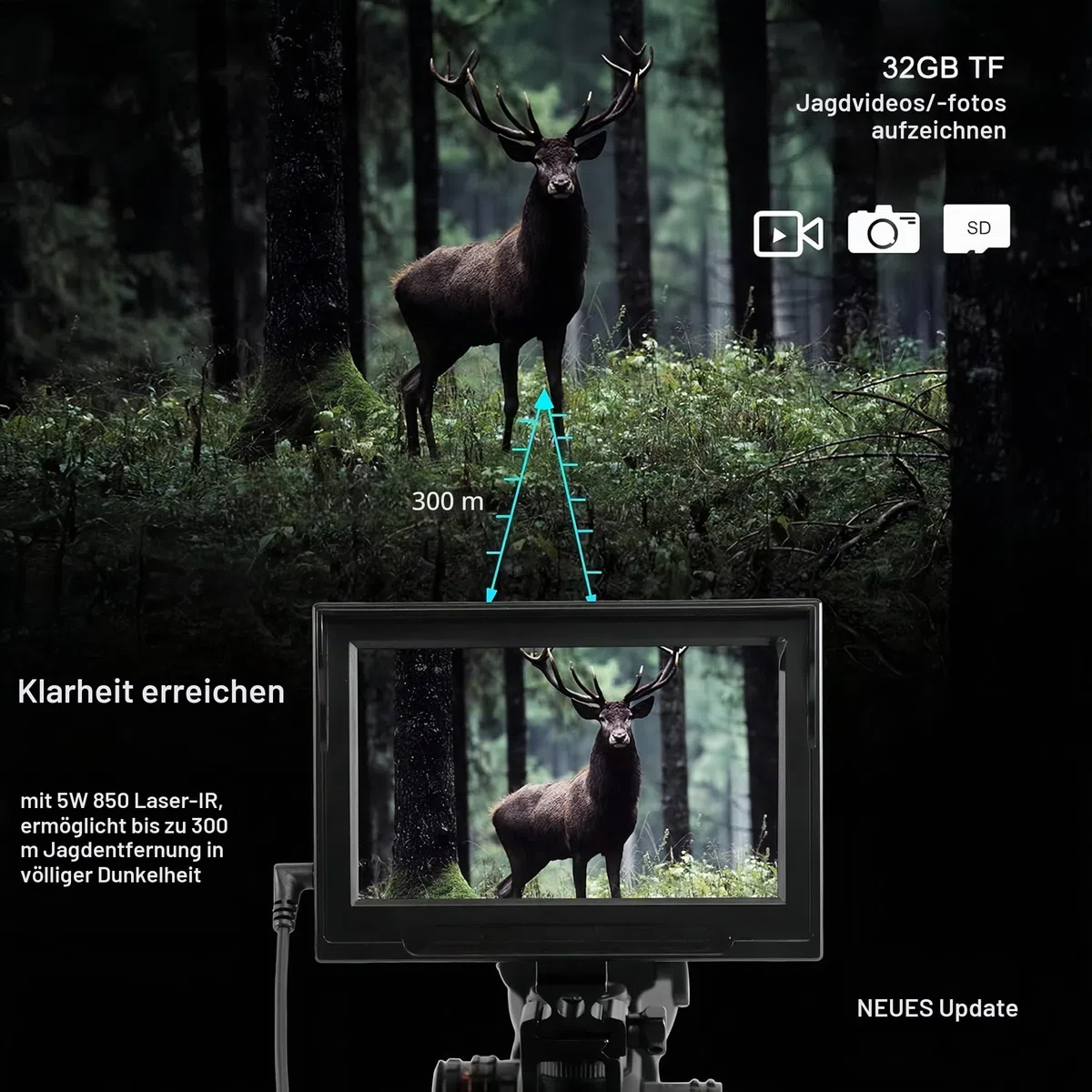 KinZon HD-Nachtsichtbrille für die Jagd, professionell, SD-Karte 32 G im Lieferumfang enthalten, Infrarot HD 720P mit 4,3 Zoll Bildschirm.