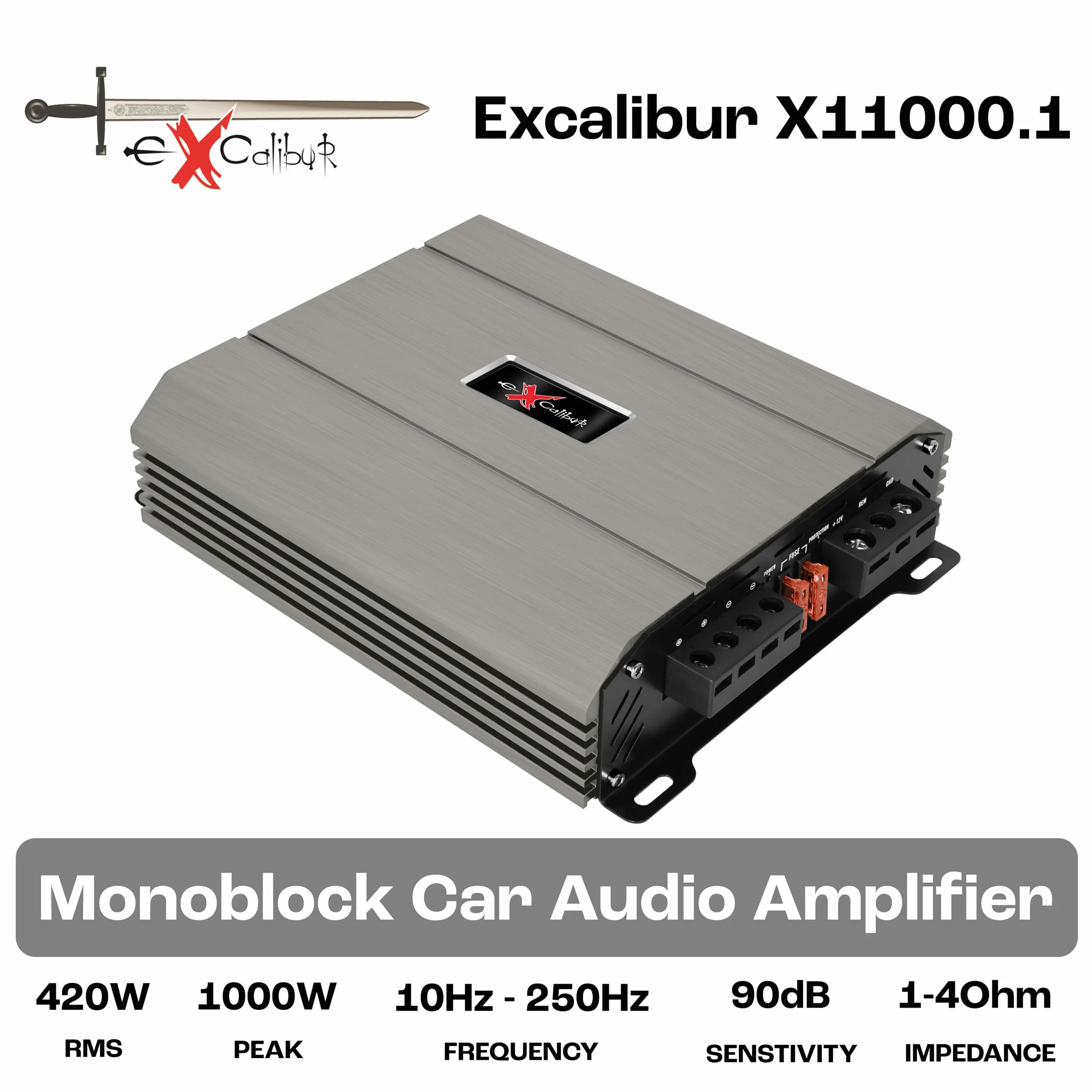 Excalibur X11000.1 Auto Verstärker HiFi Mono 1 Kanal 1500 Watt Leistungsstarker Subwoofer Endstufe Auto - Kompakter Mini Verstärker Mit Bass-Boost 12 dB, Crossover HPF/Full/LPF und Fernbedienung