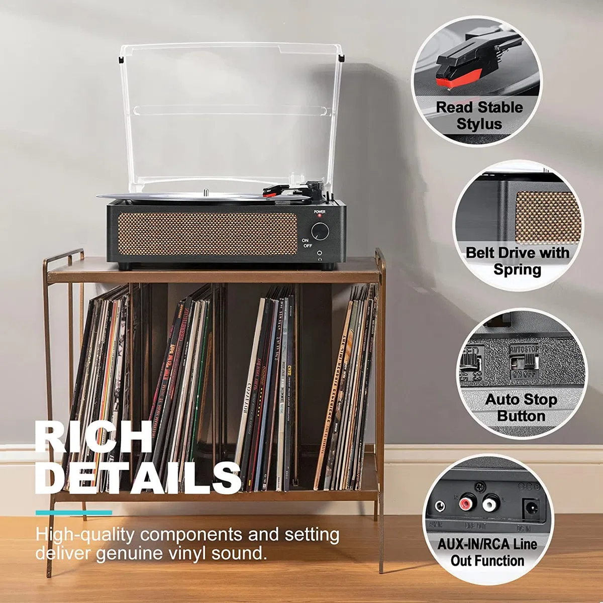 Trynnay Plattenspieler mit Lautsprecher Vinyl Schallplattenspieler Wireless LP Phonograph mit Eingebauten Stereo-Lautsprechern 3-Gang-Riemenantrieb Plattenspieler mit Lautsprechern Vintage-Kohle