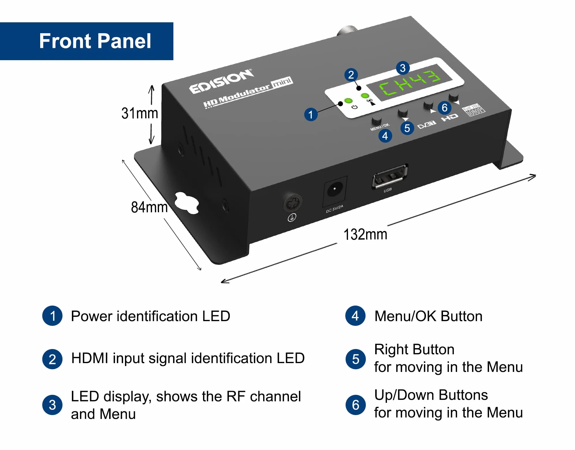 EDISION HDMI Modulator mini, Single HDMI auf DVB-T MPEG4 RF Modulator, Full HD Verteilung über Koaxial, Plug and Play, USB Pre-Config Funktion 50ID, Schnelle Konfiguration, Mini-Größe
