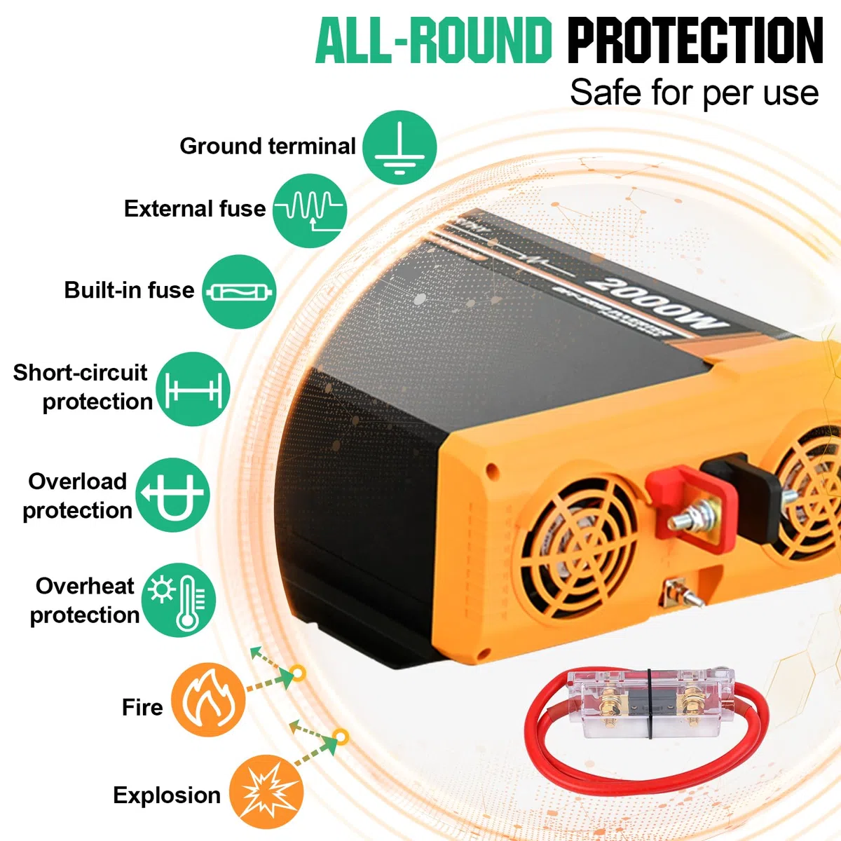 ECO-WORTHY Wechselrichter 12v auf 230v Reiner Sinus, Wechselrichter 2000w, Spannungswandler eingebauter Dual 18W USB-Anschluss, 2 * AC-Steckdosen, 1 * Hardwire-Klemmen und 1 * 100A Sicherung