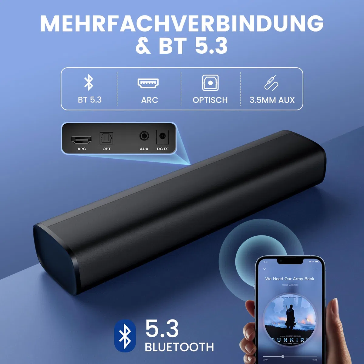 Soundbar for TV 56W Bluetooth 5.3 ARC Optical AUX Wall Mountable Home Theatre Surround Sound System