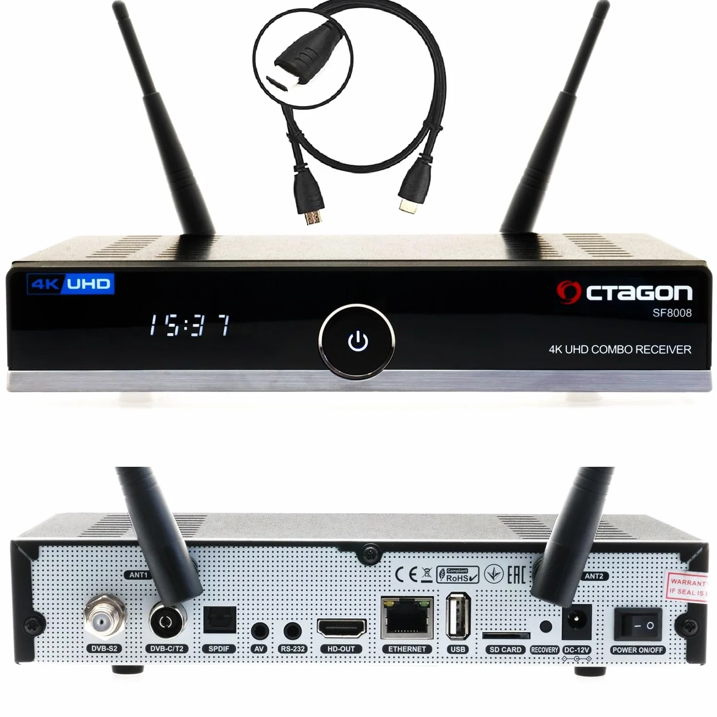 Octagon SF8008 UHD 4K Combo Receiver, Sat- Kabel- & DVB-T2 Receiver, E2 Linux & Define OS, DVB-S2X & T2C, mit PVR Aufnahmefunktion, Gigabit LAN, Kartenleser, Sat to IP, Multistream, H.265, WiFi