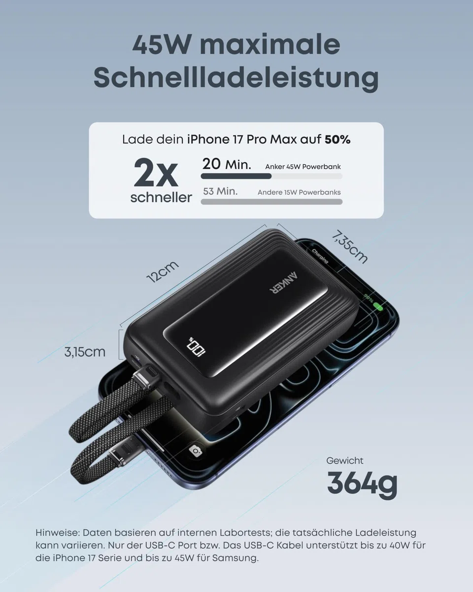 Anker Zolo Powerbank (2025 Upgrade), 45W Schnellladung, 20000 mAh Akku-Pack, Zwei integrierte USB-C Kabel, 1 USB-C und 1 USB-A Port, für iPhone 17/16-Serie, Galaxy, MacBook und mehr