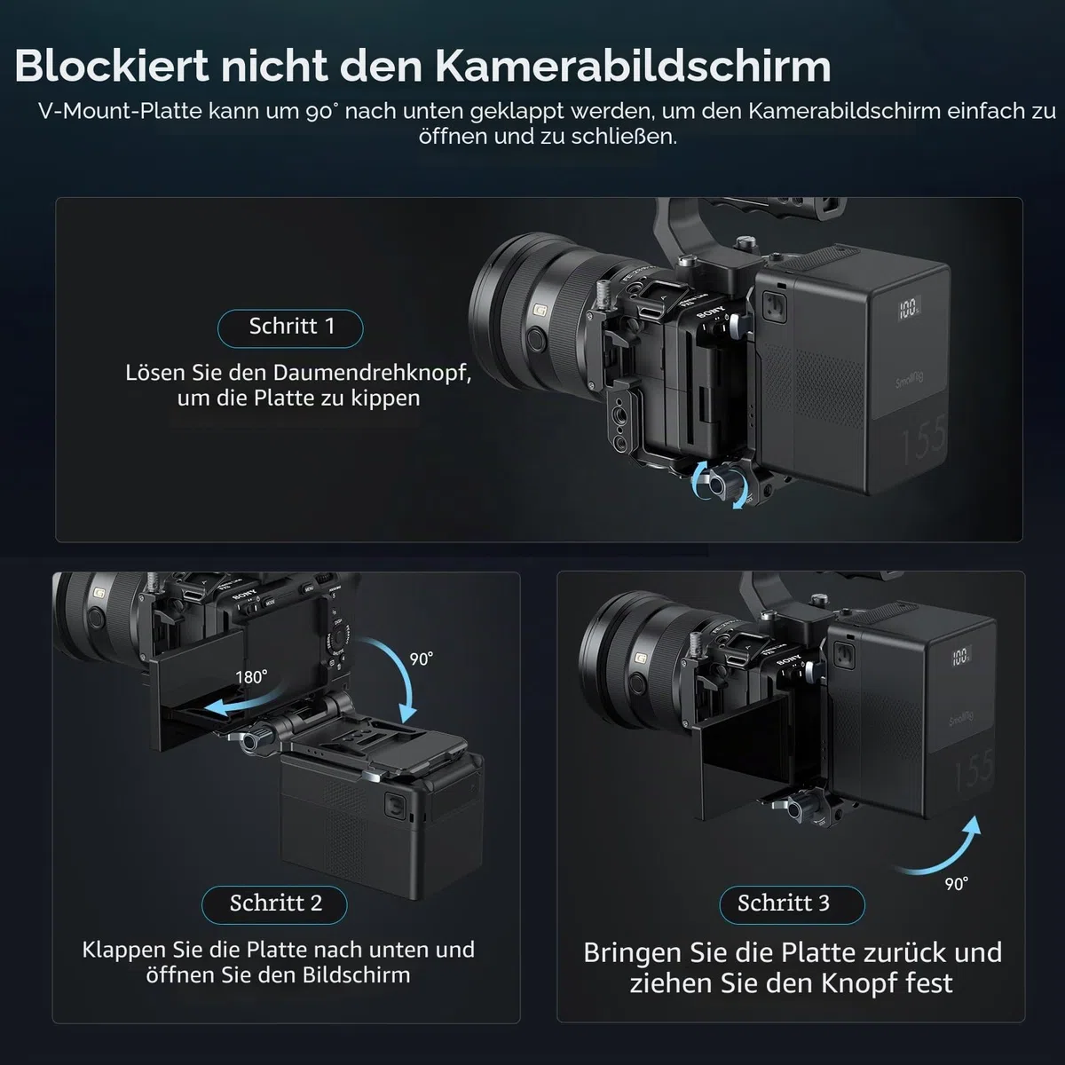SMALLRIG V-Mount Battery Plate, V-Lock-Akku-Montageplatte mit doppelter Schnellwechselplatte für Arca-Swiss, kompakte und faltbare L-förmige V-Mount-Akkuplatte für DSLR-Kamera, Gimbals, Stativ – 4064B