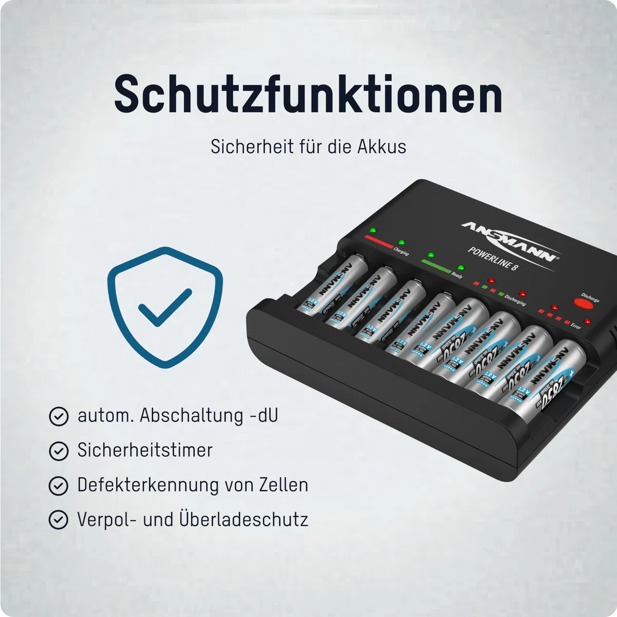 Powerline 8 Intelligentes Schnellladegerät für AA/AAA Akkus mit LED-Anzeige Defekterkennung und Überladeschutz