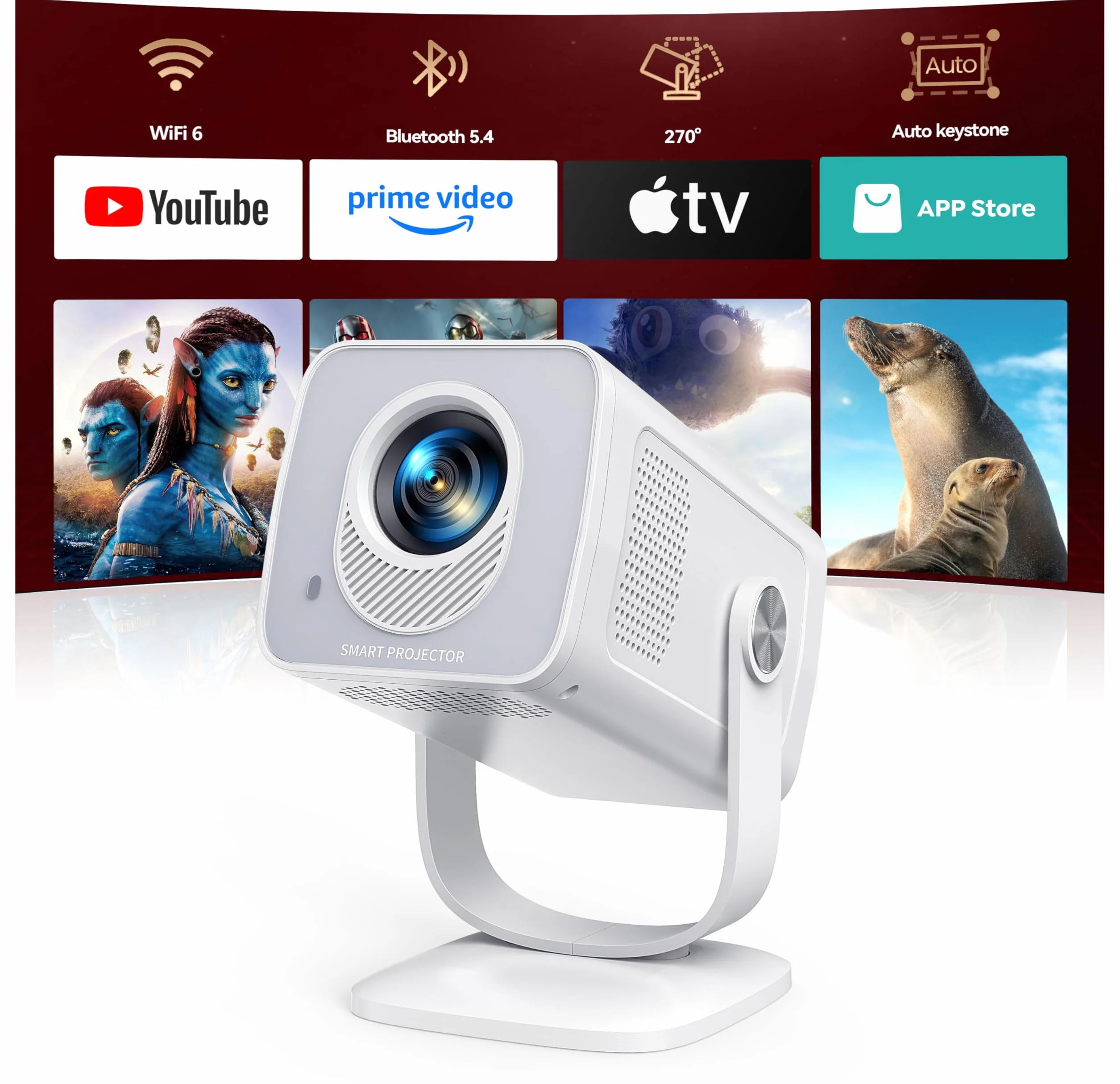 Mini Beamer 4K 1080P Android 14 270° Drehbar Smart Beamer Klein WiFi 6 Bluetooth 5.4 Tragbarer Projektor Heimkino Outdoor Auto Trapezkorrektur HDMI