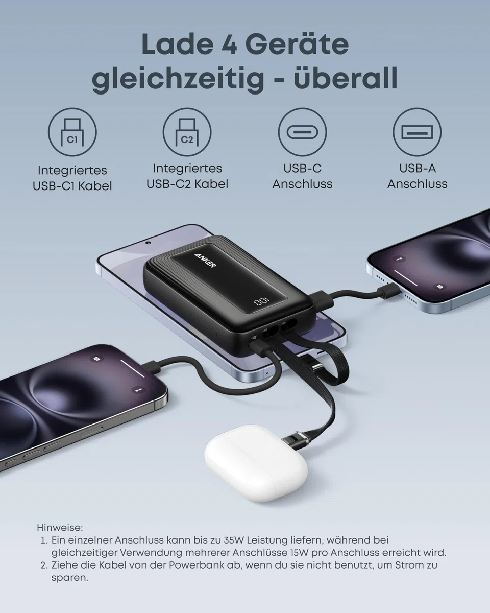 Anker Zolo Powerbank (2025 Upgrade), 45W Schnellladung, 20000 mAh Akku-Pack, Zwei integrierte USB-C Kabel, 1 USB-C und 1 USB-A Port, für iPhone 17/16-Serie, Galaxy, MacBook und mehr