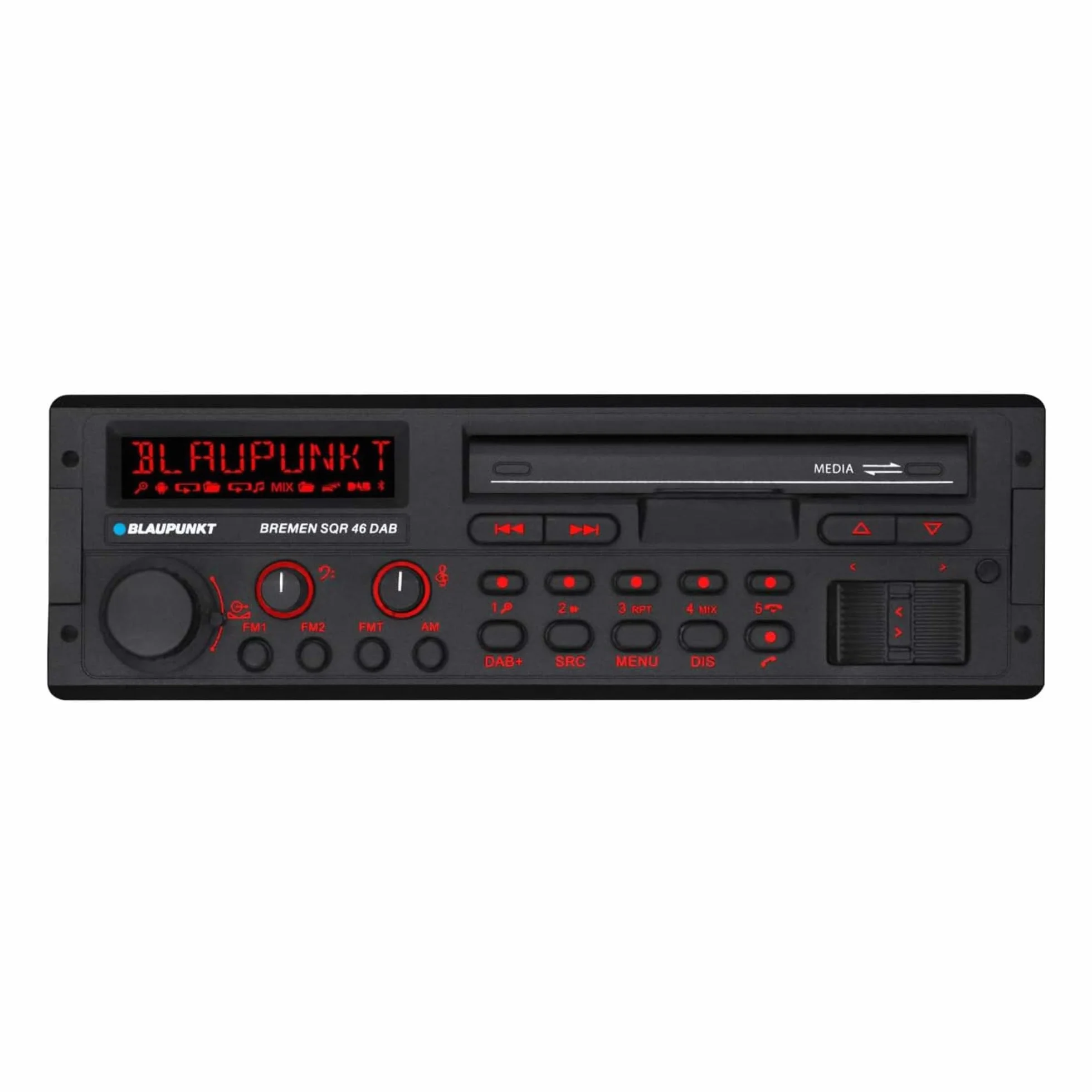 Blaupunkt Bremen SQR 46 DAB, 1-DIN Autoradio, Youngtimer-Design, DAB+, Bluetooth, Freisprecheinrichtung, USB, Aux-Eingang, SDHC, SD, Lenkradfernbedienung, Sub-Out, Variocolour, 4x50Watt, 12V
