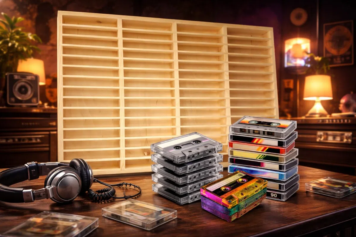 FabaCare MC-Kassetten Regal aus Holz – 60 Fächer, Sammler-Display für Audiokassetten, Musikkassetten-Regal, für Hörspielkassetten, Kassetten-Wandboard aus Naturholz, Farbe: buche