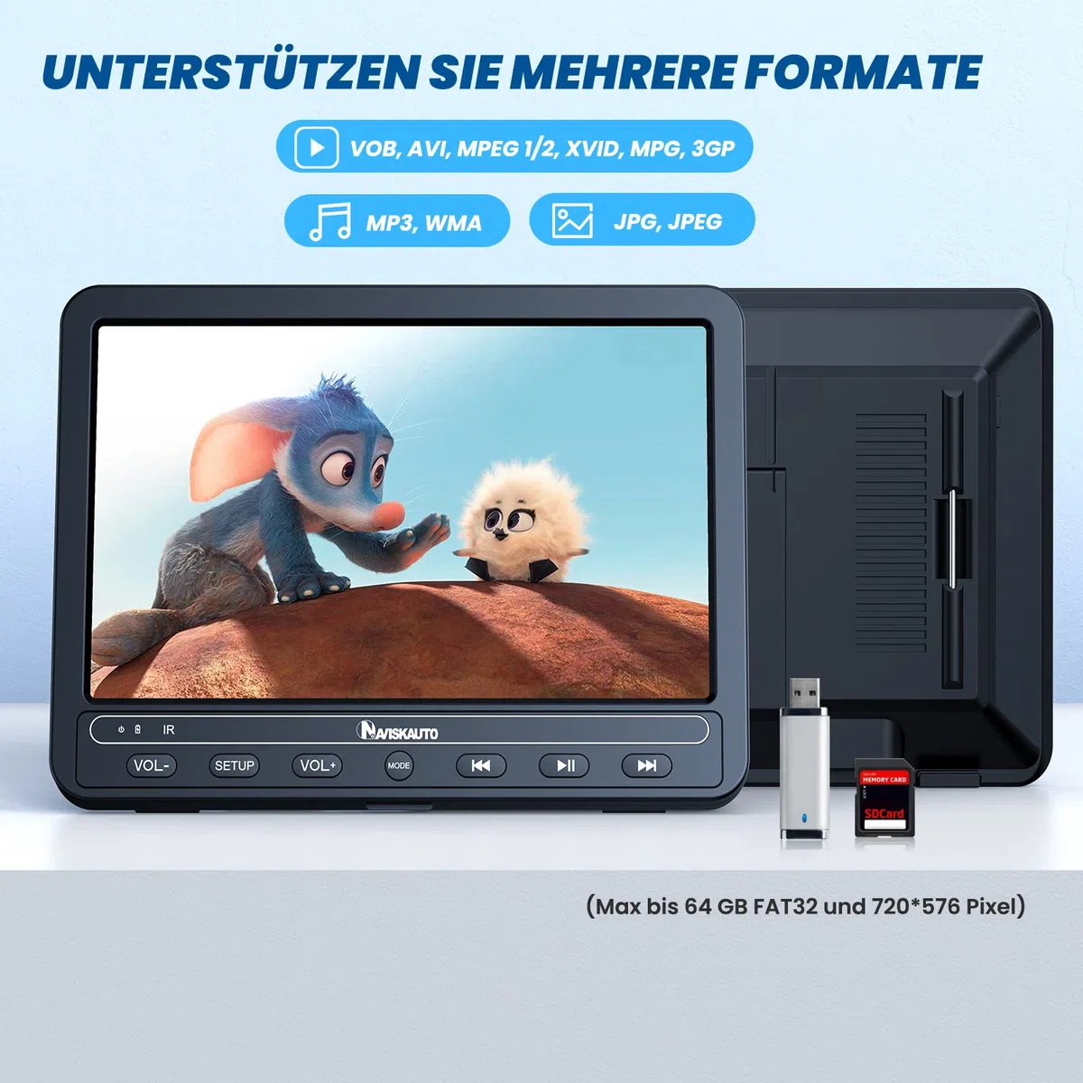 NAVISKAUTO 10,5'' DVD Player Auto 2 Bildschrime Mit 2 Kopfhörer 5 Stunden Akku, Auto DVD Player 2 Monitore Kopfstütze Fernseher Kinder TV Last Memory USB AV In/Out 12V