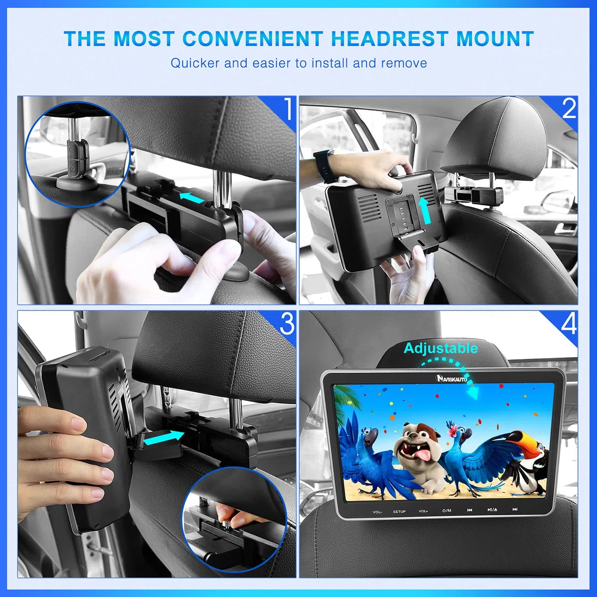 NAVISKAUTO 10,1" DVD Player für Auto Tragbarer DVD Player 1080P HD TFT Bildschirm FM Kopfstütze Monitor Memory HDMI SD USB mit IR Kopfhörer 12V (10 Zoll)