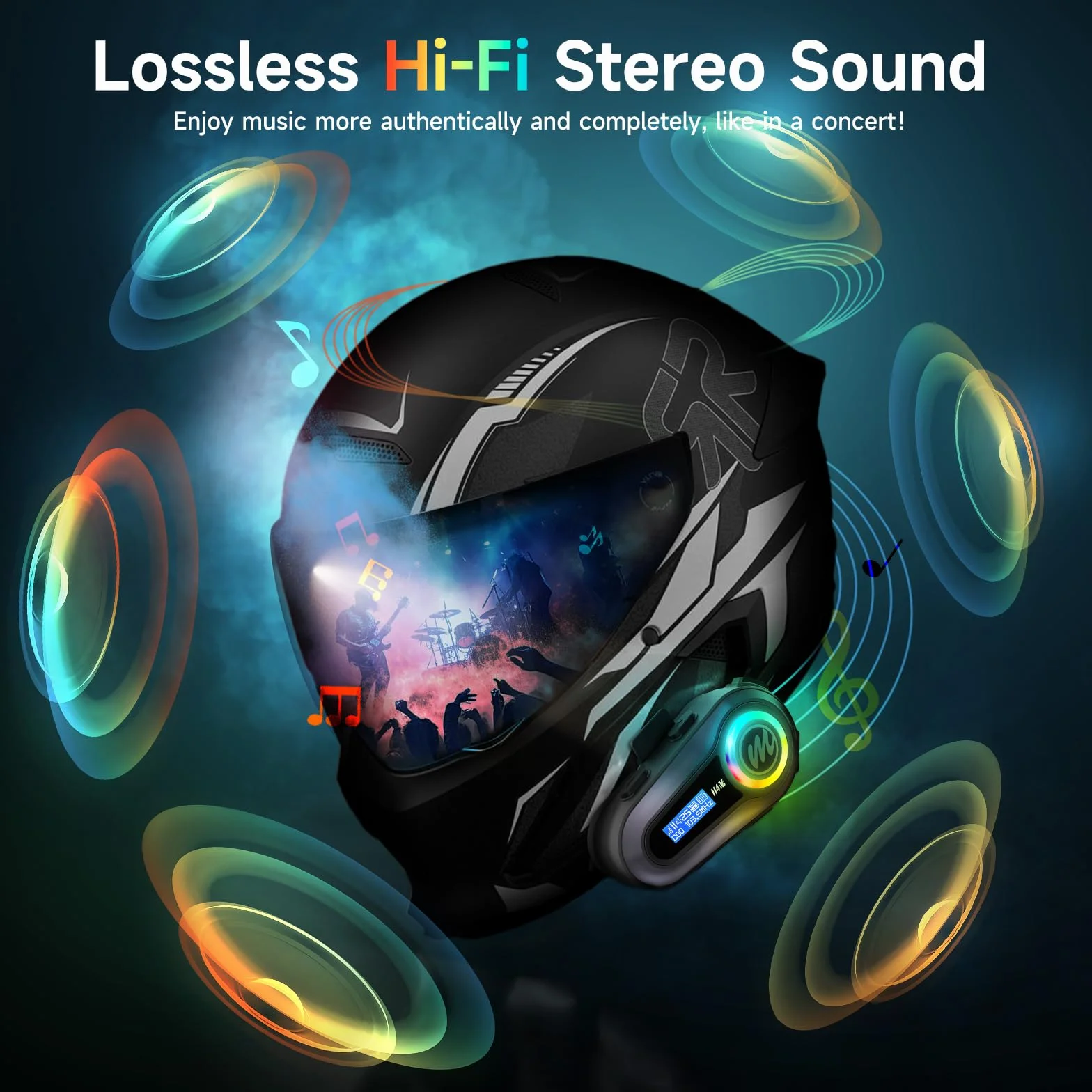 Moman H4M Motorrad Helm Headset mit LCD Bildschirm & 6 EQ-Modus, Motorcycle Helmet Kopfhörer 5.3 Chip HiFi Stereo FM Radio AI Sprachassistent IPX6 Wasserdicht