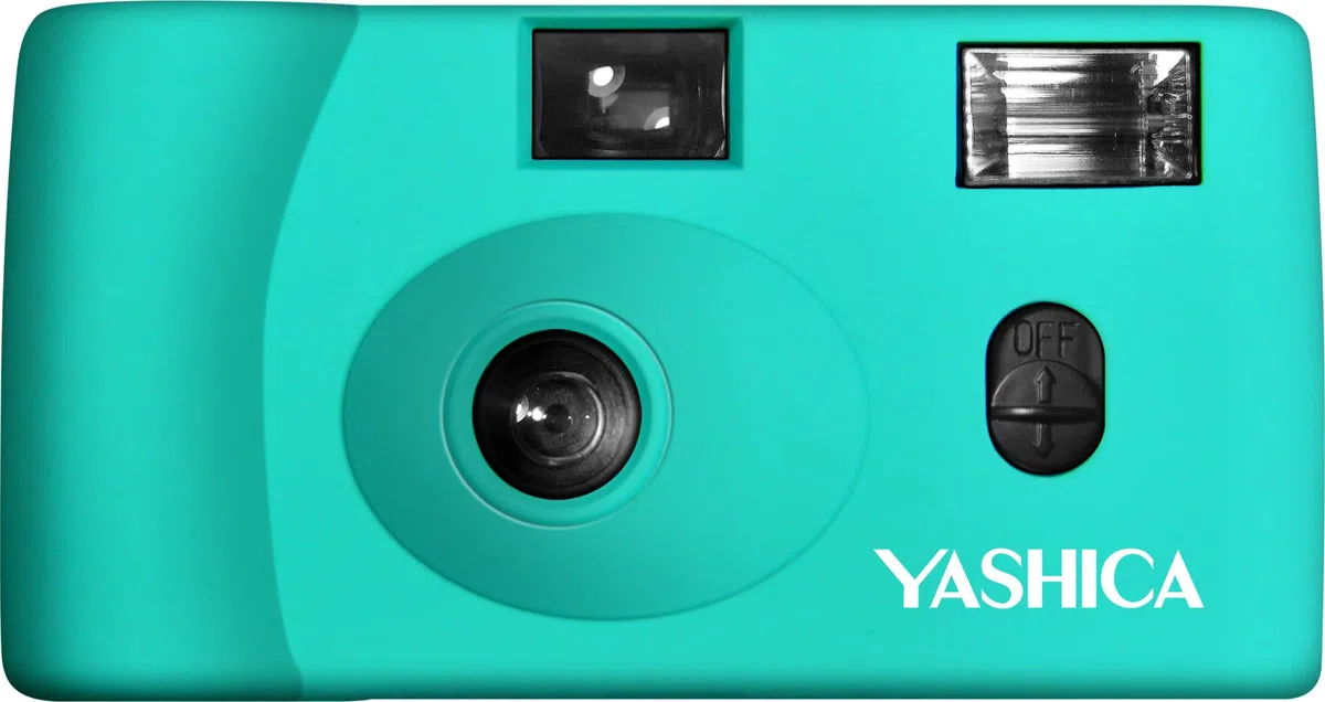 Yashica MF-1 türkis Snapshot 35 mm Kleinbild Kamera-Set (mit eingelegtem Film + Batterie )