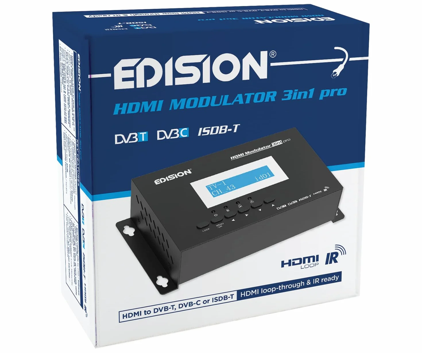 EDISION HDMI Modulator 3in1 pro, Modulator auf Kabel DVB-C, Terrestrisch DVB-T oder ISDB-T, Full HD Verteilung über Koaxial, RF IN, LCD Display, Schnelle Konfiguration, Plug & Play