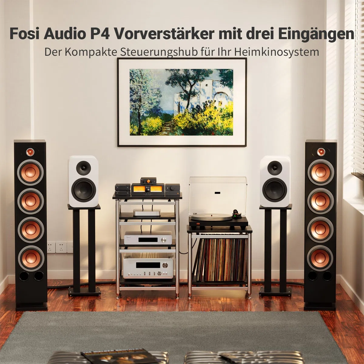 Fosi Audio P4 Mini vorverstärker mit 3 RCA-Eingängen, Heimaudio-Stereovorverstärker für Verstärker/Aktiv-Subwoofer/Lautsprecher, 3-stufigem Verstärkungsregler (3/6/9 dB), Bass- und Höheneinstellung