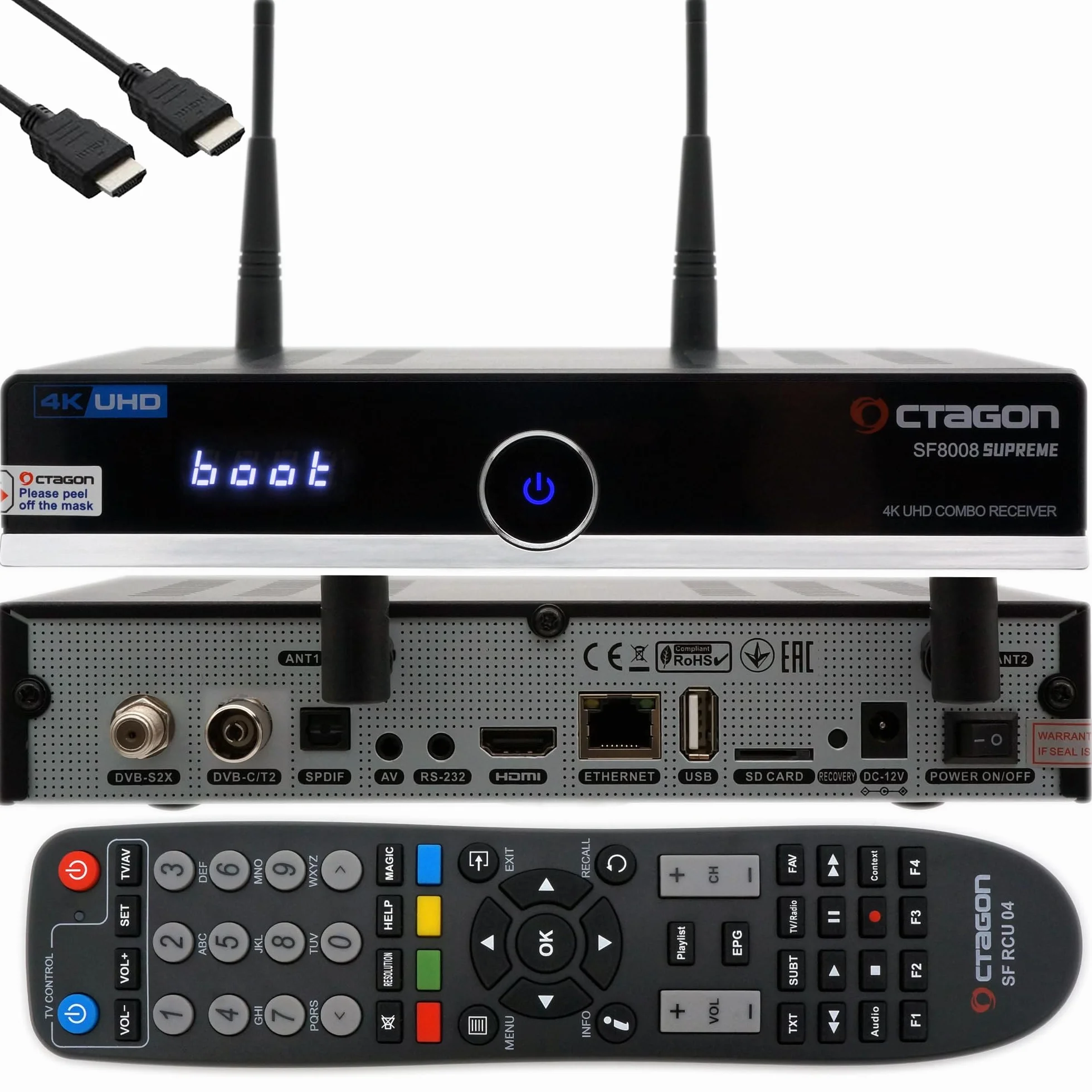 Octagon SF8008 4K UHD HDR Combo Receiver DVB-S2X DVB-C/DVB-T2 Satellit Kabel Terrestrisch E2 Linux Smart TV Media Server Aufnahme
