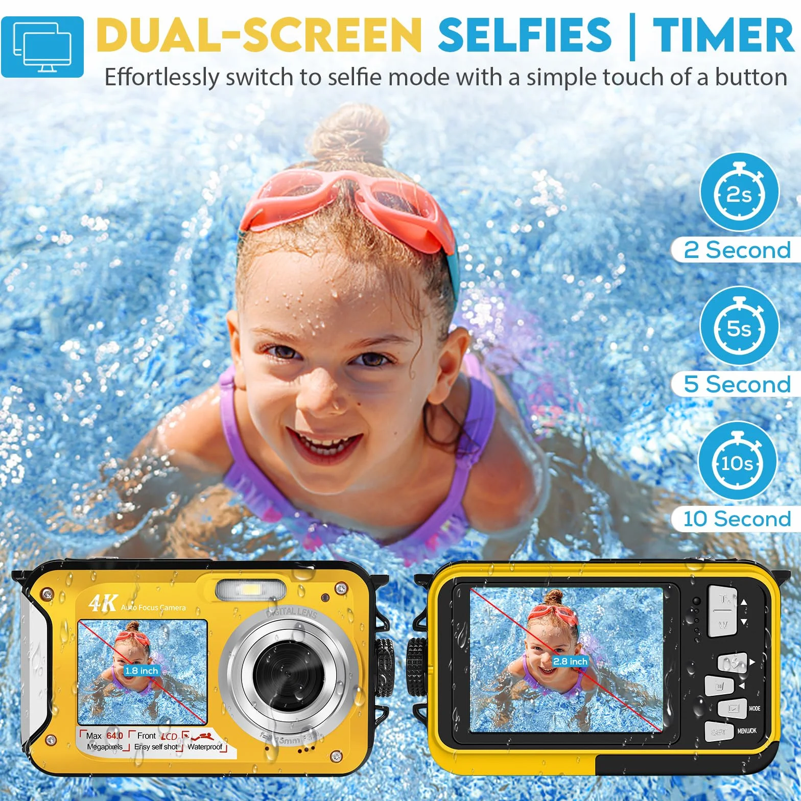 64MP Unterwasserkamera mit 32GB Speicherkarte, 4K unterwasser kamera mit Autofokus & Dual-Selfie-Bildschirmen, 5 Meter kamera wasserdicht, digitalkamera wasserdichte für Kinder & Schnorcheln (2 Akkus)