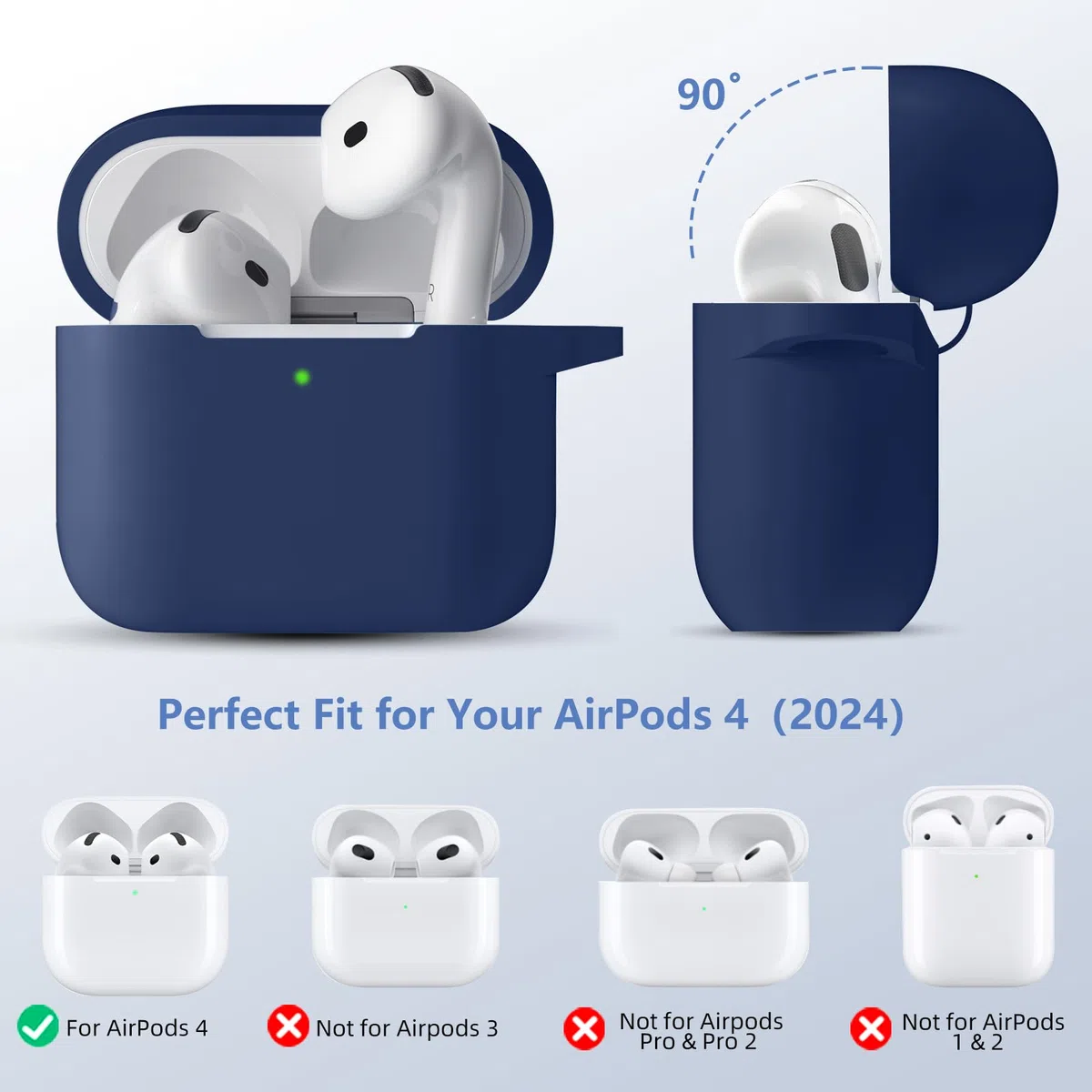 Maledan Hülle Kompatibel mit AirPods 4 Hülle Case 2024, Weich Silikon Ganzkörper-Schutzhülle für Apple AirPods 4 Generation Hülle mit Reinigungskit & Schlüsselanhänger [LED Sichtbar], Marineblau