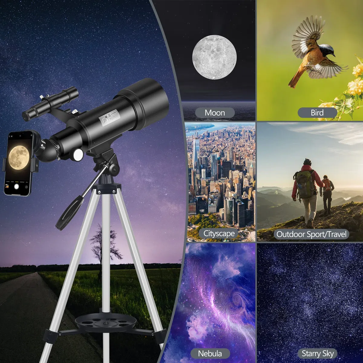 Teleskop 70mm Aperture 400mm Refraktor für Anfänger & Kinder, Tragbares Stativ, Astronomie Erwachsene Fernrohr (Schwarz)