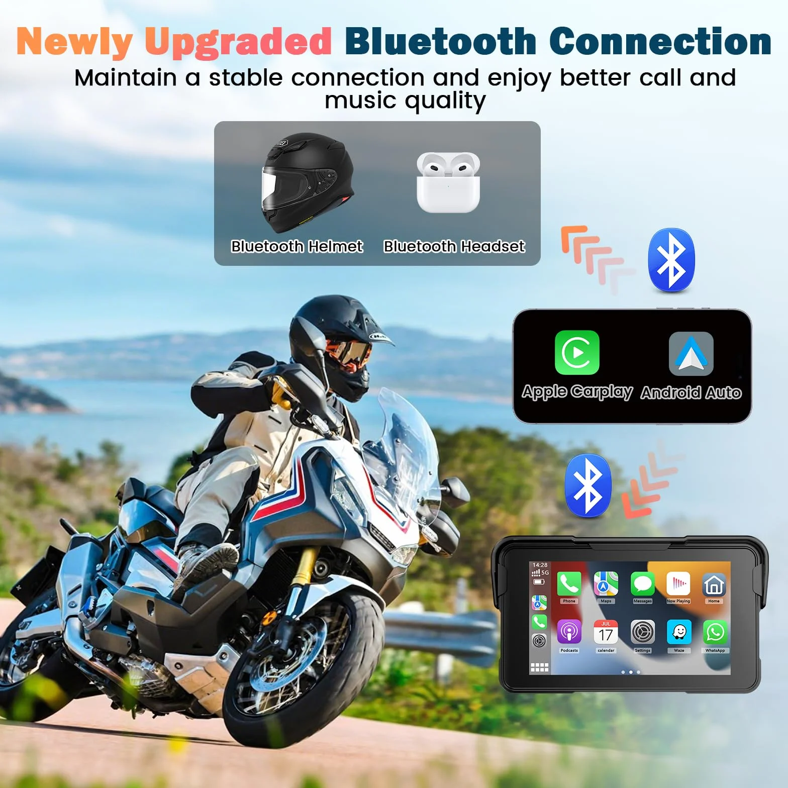 Motorrad Navi Carplay Display, Motorrad Navigationsgeräte mit CarPlay & Android Auto, 5 Zoll Wasserdicht Motorräder Display mit Bluetooth, Motorradnavigation, Sprachassistenten, Magnetische Halterung