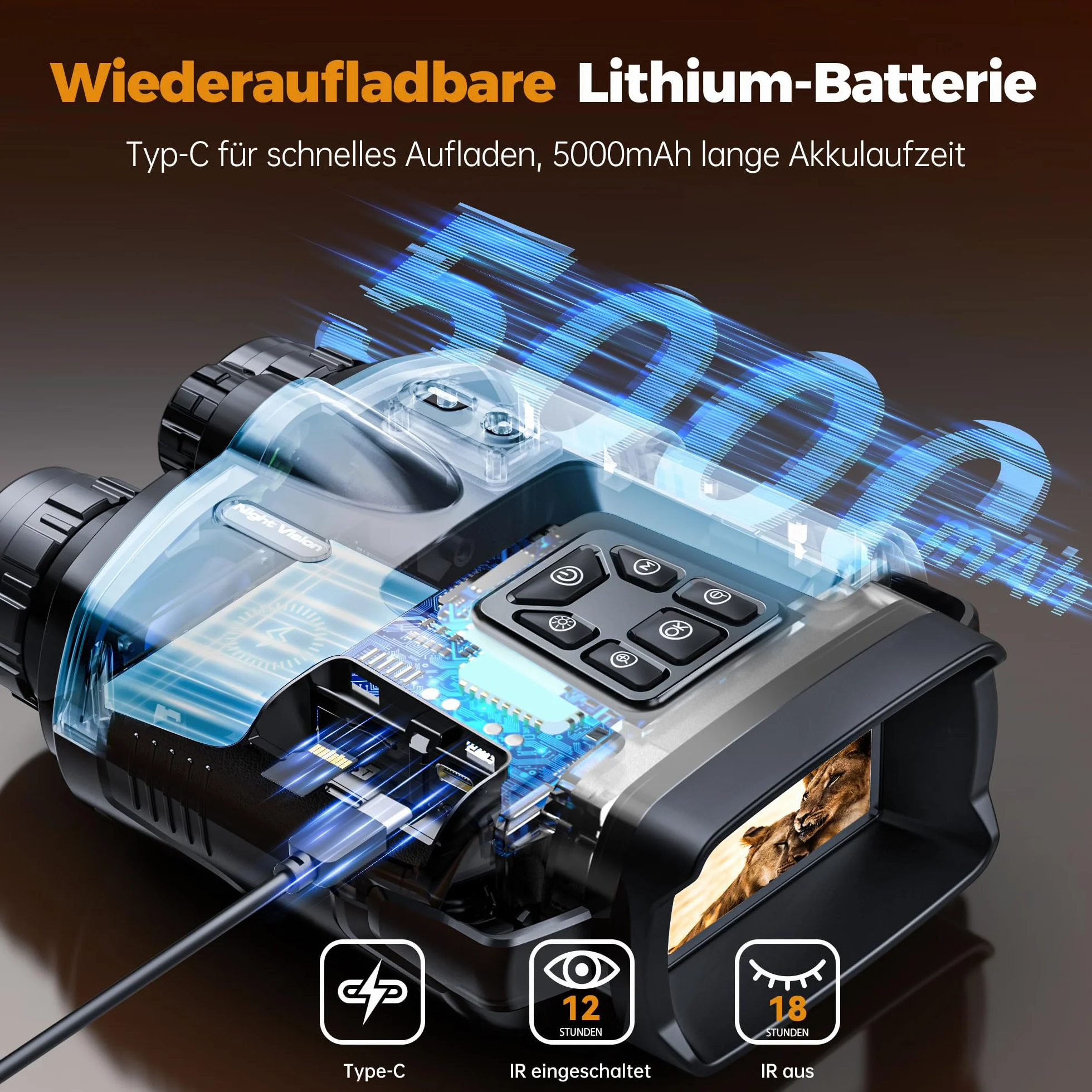 TKWSER Nachtsichtgerät, 4K 5000mAh Wiederaufladbares 3" Nachtsichtgeräte, 600M 8X Digitaler Zoom Infrarot Nachtsicht Fernglas, IP65 Nachtsichtgerät für Jagd Camping Beobachtung w/ 32GB TF Karte