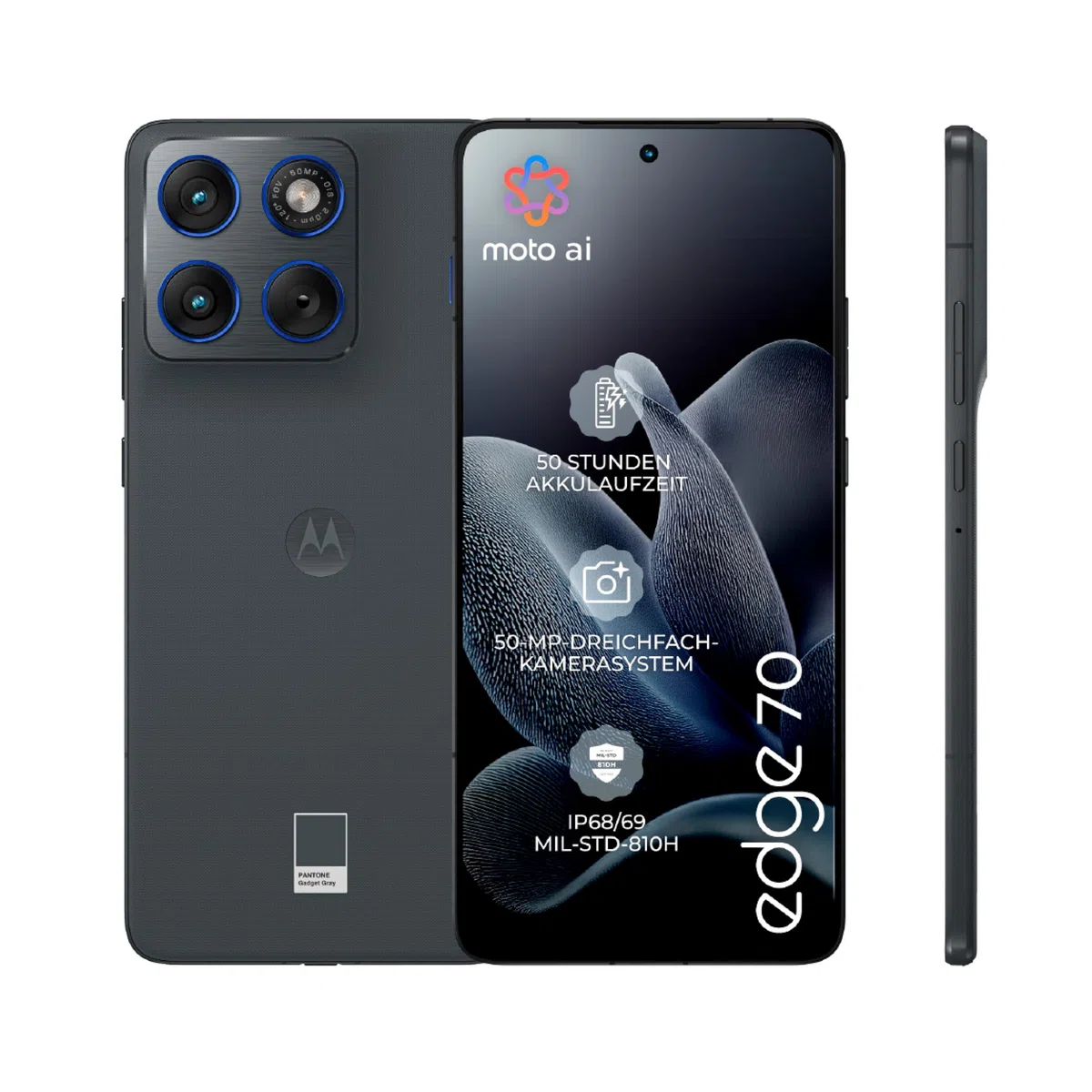 Motorola Edge 70 Smartphone (Robustes 6,67"-pOLED-Display mit Gorilla Glass 7i, 50-MP-Kamera, 12-512 GB, Wasser- und hitzebeständig, 68W-TurboPower-Aufladen), Pantone Gadget Gray, inkl. Magnetcover