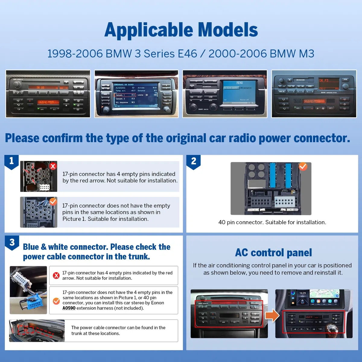 Eonon Autoradio kompatibel mit BMW E46 1998-2006, Android 14 CarPlay, Android Auto, MirrorLink, 3+32 GB GPS, Bluetooth, USB-RCA-Ausgang, unterstützt Rückfahrkamera Online-Update E46X7