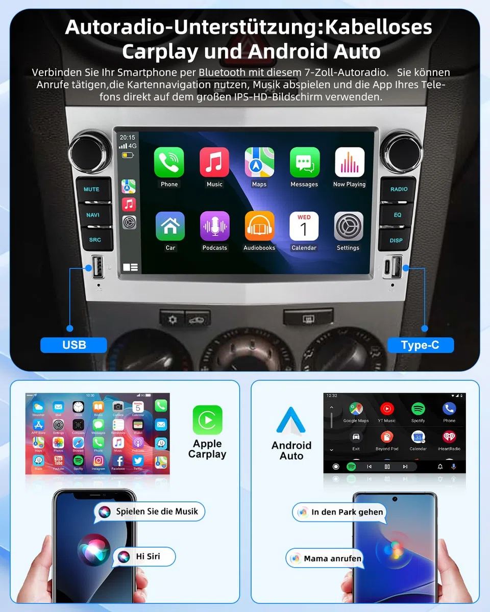 ESSGOO 4+64G Wireless Autoradio Android 14 mit Carplay und Android Auto Für Opel Corsa C/D Zafira B Astra G H 7 Zoll IPS Touchscreen Bluetooth FM RDS GPS Silber