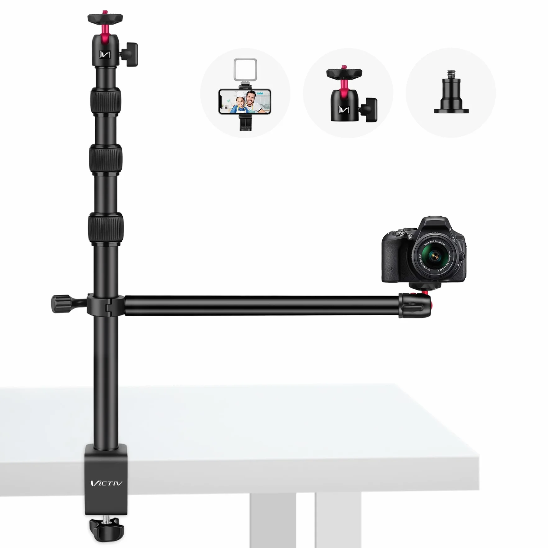 Victiv Kamera Tischhalterung, 37cm-105cm Kamera Tischstativ für DSLR Canon, Lichtstativ Klemmstativ mit Flexibler Arm & 1/4" Kugelkopf für Kameras, LED-Licht, Webcam, Handy Tisch Stativ für Smartphone