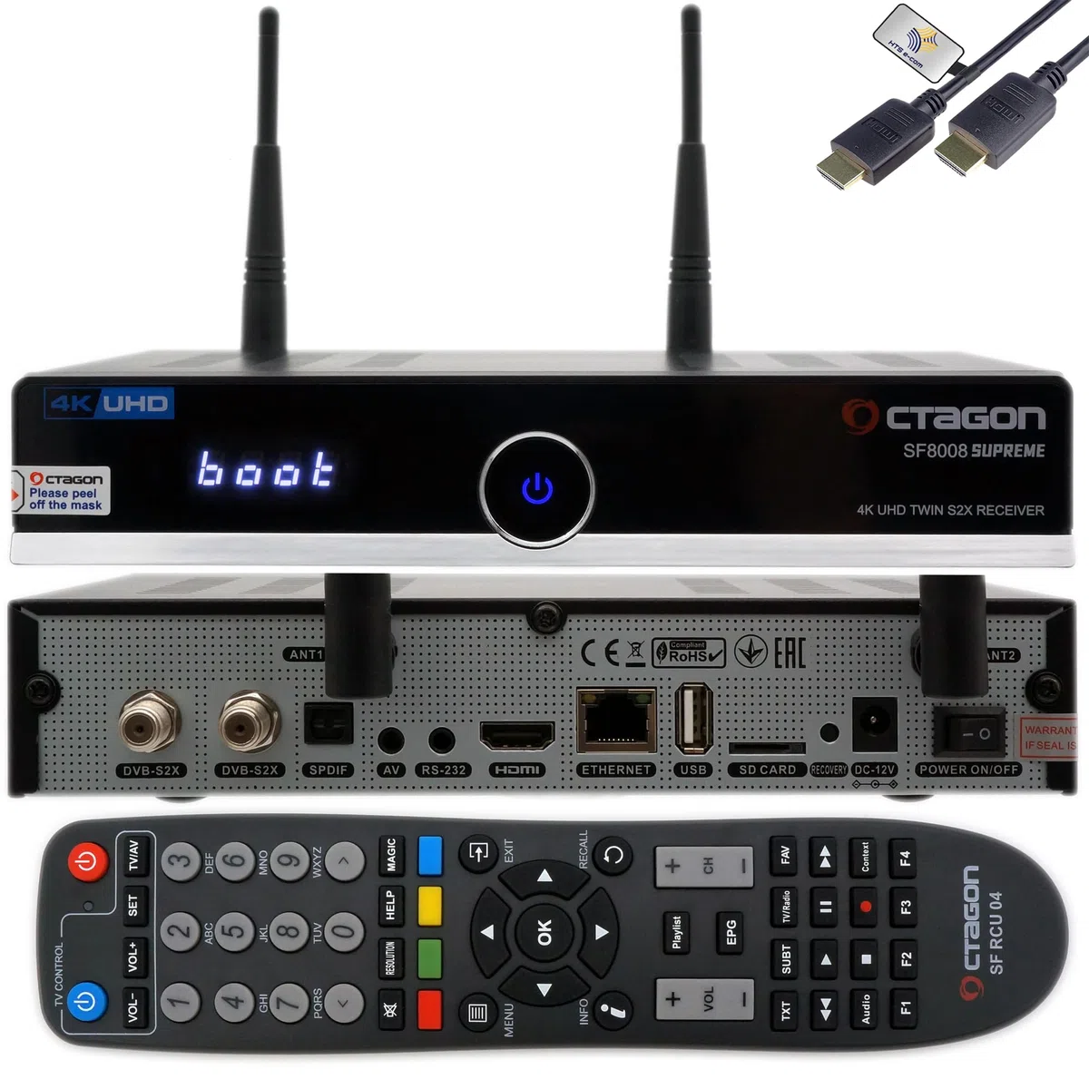 Octagon SF8008 4K Twin Supreme V3 UHD E2 2xDVB-S2X Linux PVR Twin Sat Receiver,2.4/5G Dual-Band WiFi, 1Gbit LAN, M.2 Schnittstelle, HDR 10, BT 5.1, IR-Fernbedienung, HTS e-com HDMI-Kabel