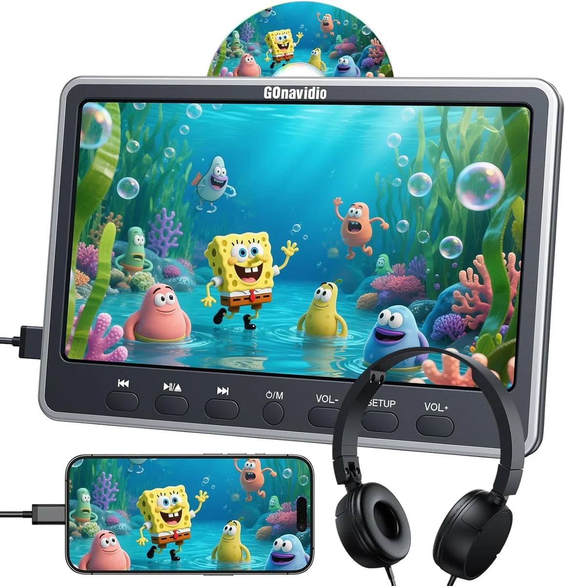 GOnavidio 12,5" DVD-Player Auto mit HDMI-Eingang, Kopfhörer, Montagehalterung, DVD Player Auto Kopfstütze Disc-Eingang mit Saugnapf, unterstützt Sync Screen, AV EIN- und Ausgang ohne Akku