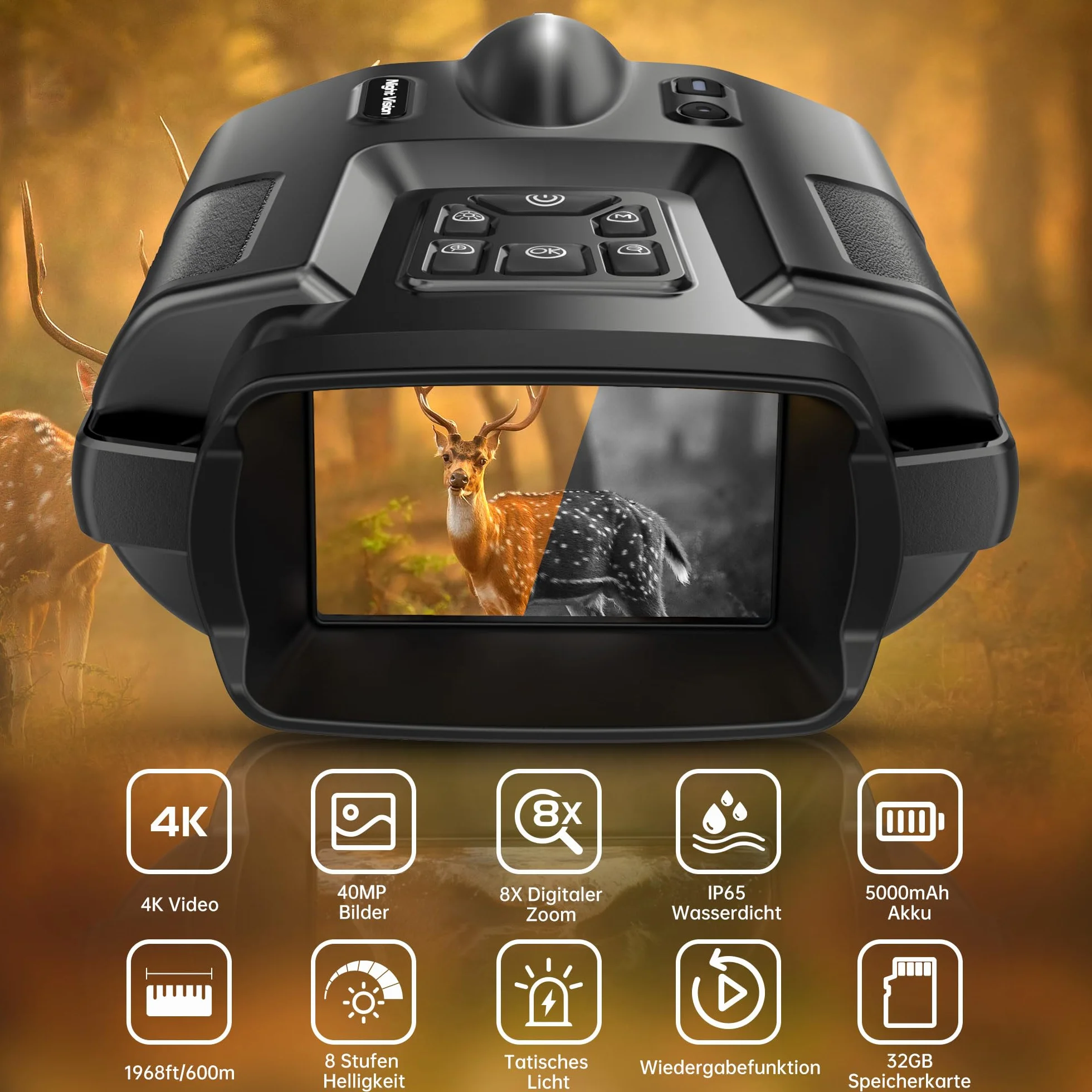 TKWSER Nachtsichtgerät, 4K 5000mAh Wiederaufladbares 3" Nachtsichtgeräte, 600M 8X Digitaler Zoom Infrarot Nachtsicht Fernglas, IP65 Nachtsichtgerät für Jagd Camping Beobachtung w/ 32GB TF Karte