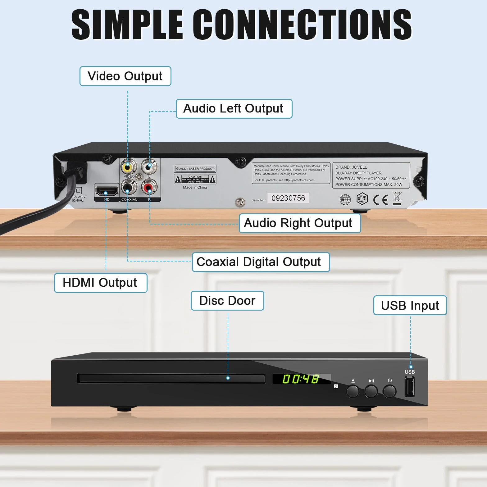Blu-ray Player für TV, Kompakt Blu-ray-Disc-Player 1080P mit HDMI, AV, Koaxial, USB, PAL NTSC