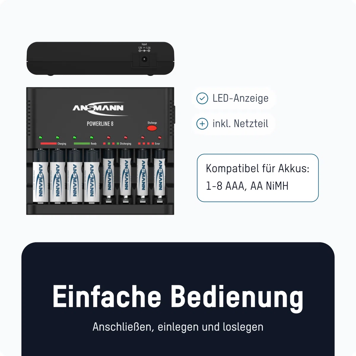 Powerline 8 Intelligentes Schnellladegerät für AA/AAA Akkus mit LED-Anzeige Defekterkennung und Überladeschutz