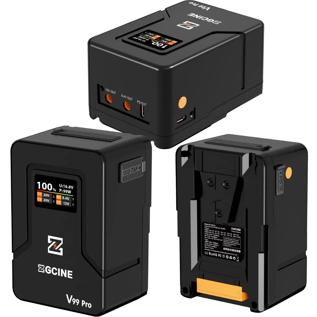 ZGCINE ZG-V99Pro V-Mount Akku 14.8V 99.9Wh 6400mAh PD USB-C 100W Schnellladung mit D-Tap BP USB-Anschlüssen für Kameras, Camcorder, LED-Leuchten, Monitore – Schwarz