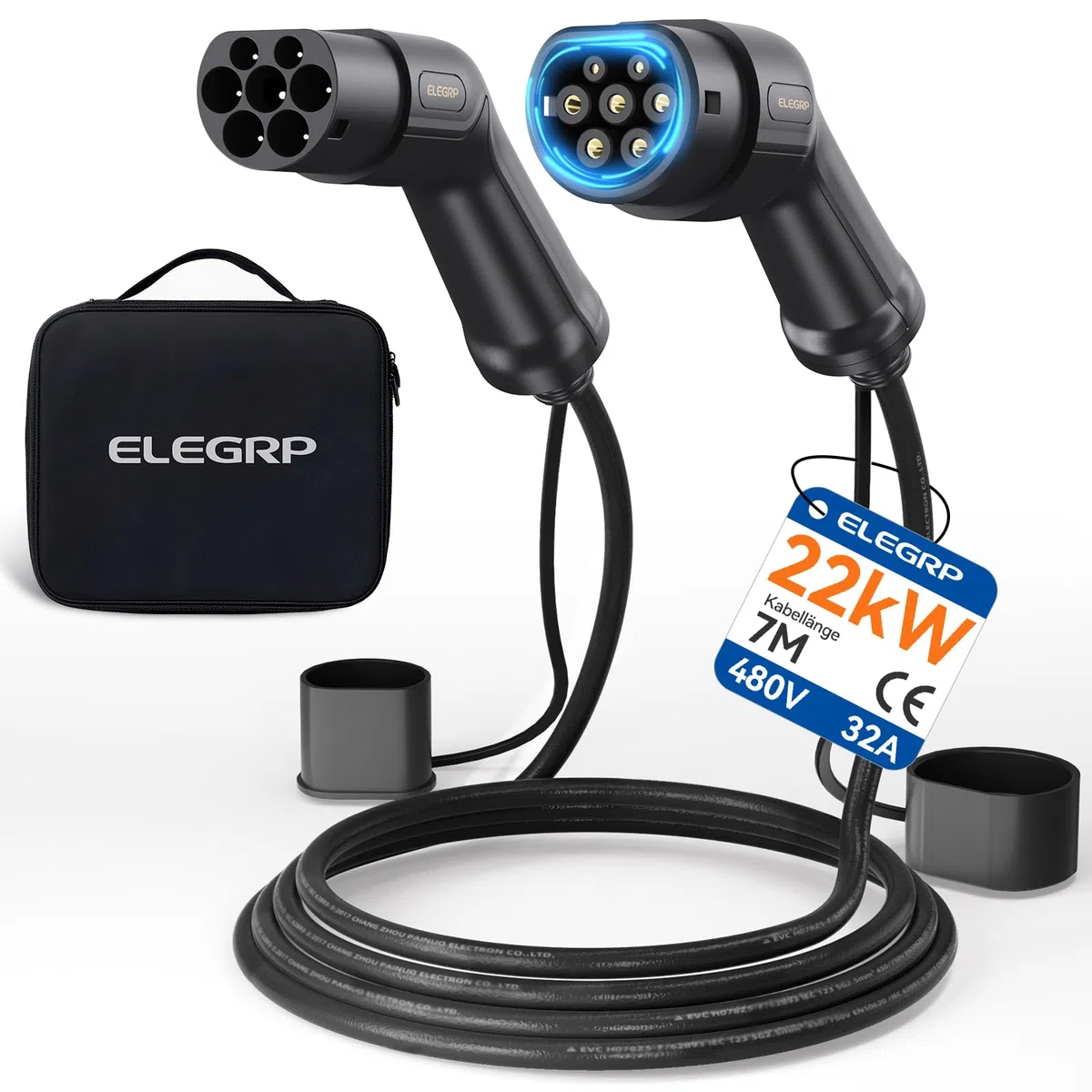 ELEGRP Typ 2 Ladekabel, 22kW 7M 32A 3-Phasig, Typ 2 auf Typ 2 Mode 3 Ladekabel für Elektroauto EV/PHEV mit Tragetasche, Geeignet für Model S/3/X/Y, VW ID.3 ID.4 e-Golf und andere EV