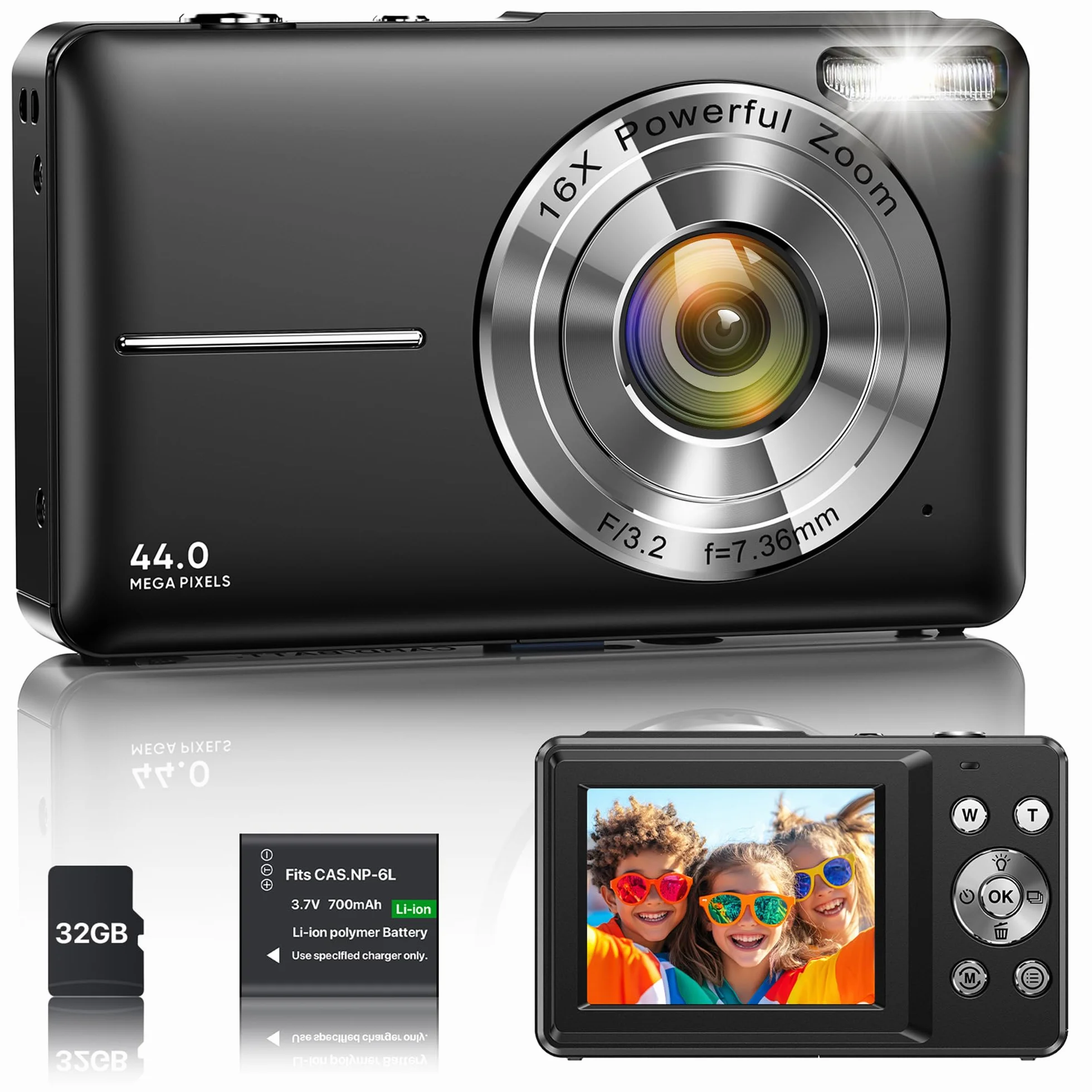Digitalkamera 1080P 44MP Vlogging Kamera für Kinder, FHD Kompaktkamera mit 2,4" Bildschirm 16X Zoom Anti-Shake Schwarz