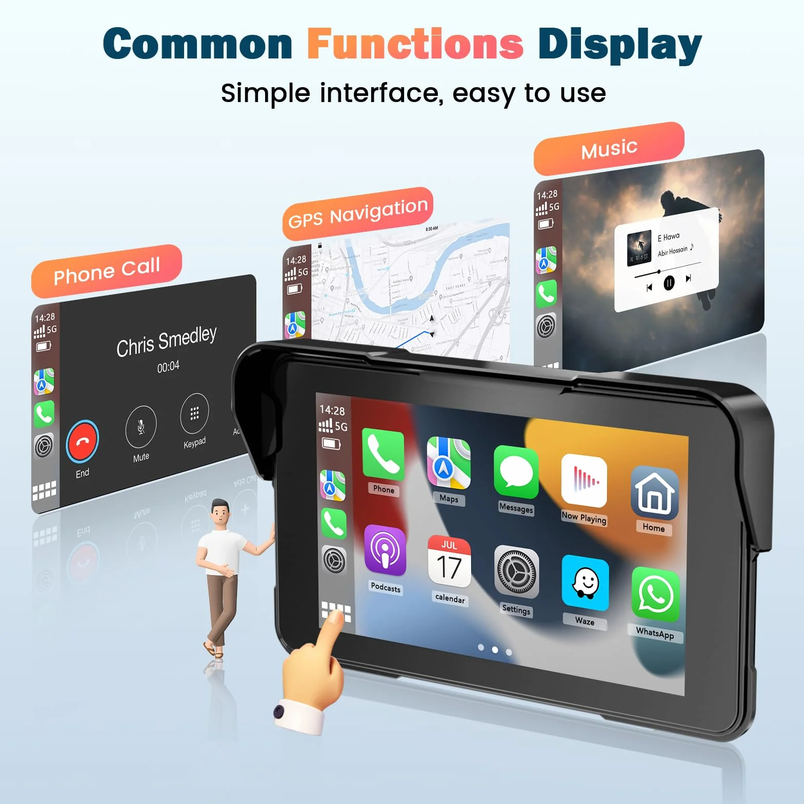 Motorrad Navi Carplay Display, Motorrad Navigationsgeräte mit CarPlay & Android Auto, 5 Zoll Wasserdicht Motorräder Display mit Bluetooth, Motorradnavigation, Sprachassistenten, Magnetische Halterung