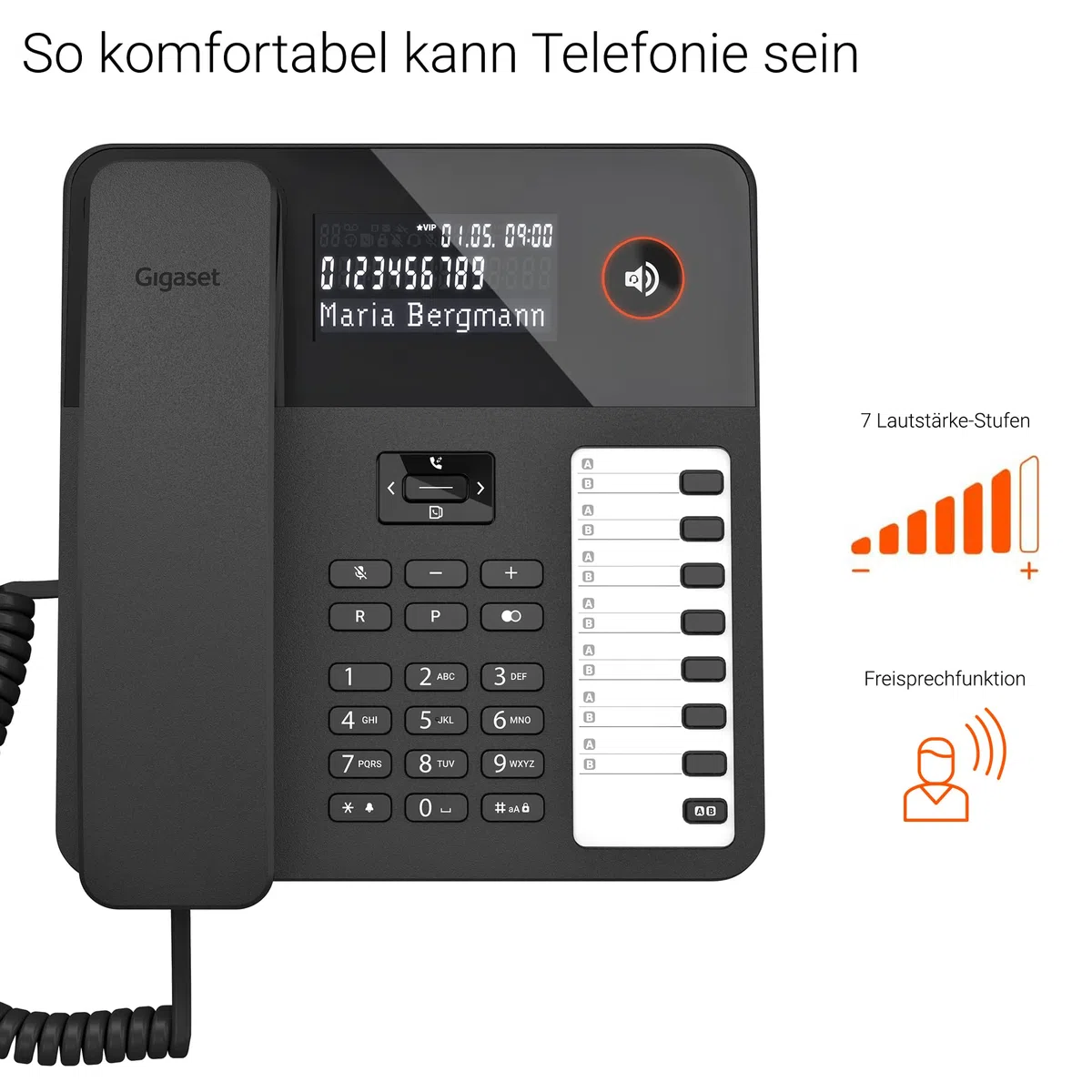 Gigaset Desk 600 - Schnurgebundenes Telefon mit 7 doppelbelegbare Direktwahltasten - Großes LCD-Display - 5 Wege Navigationstaste- Freisprechfunktion - MFV- oder Impulswahl, schwarz [Deutsche Version]