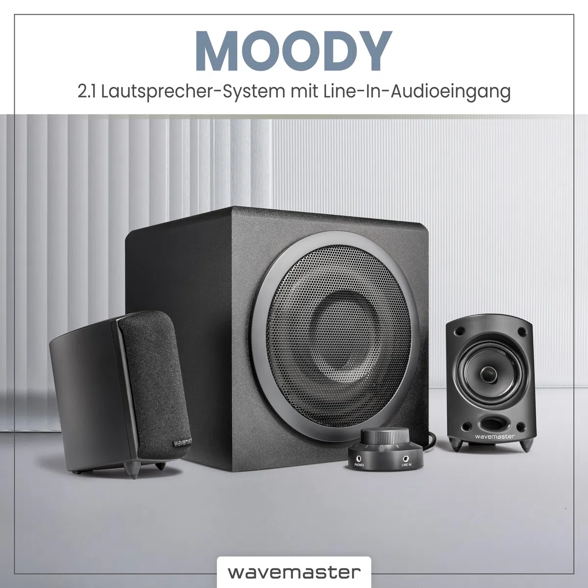 Wavemaster MOODY 2.1 Lautsprecher System (65 Watt) Aktiv-Boxen Nutzung für TV/Tablet/Smartphone/PC schwarz (66202)